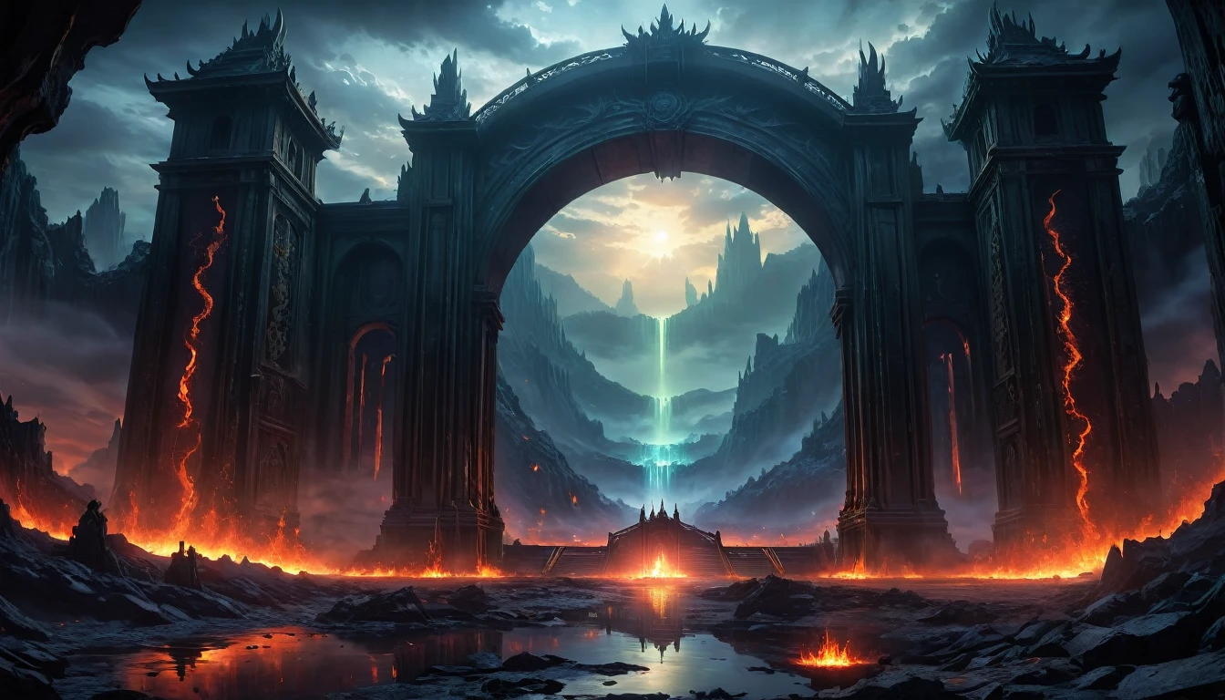 (anime, fantasy, hell gate), (masterpiece, best quality, highres, HDR:1.2), hellish world, ominous atmosphere, underworld, haunting and mesmerizing, horrifyingly enchanting, ethereal beauty, unsettling, underworld, general shot, ethereal light, fantastical landscapes