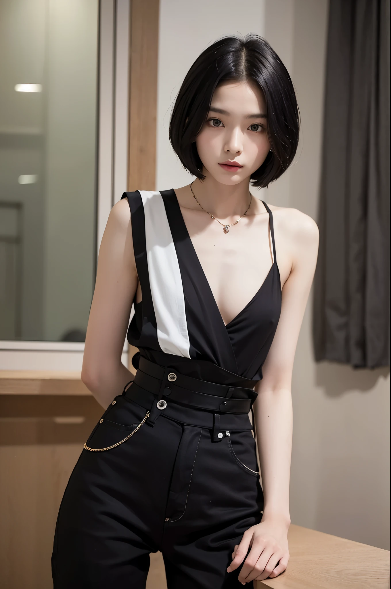 8k、alone、A 16-year-old androgynous beauty,Super Beauty(Like the real thing),Iris,super beautiful ager,Black short bob hair,黒と赤のSexy Exterior,Black trousers(Devil's Crest),Golden decoration,長くて大きなJapanese sword,Demon Slayer: Androgynous Beauty,What's left behind,A wonderful work of art、Wind effects:1.9、Cloud Effect:1.2、Full Rendering、Caustic soda coating、Unreal Engine、Japanese sword 1本,Innocent look,Cool androgynous beauty,Ultra-high resolution,super 超Realistic Skin,Ultra-precise hand-crafted detailing,1Japanese sword,smile,Photorealistic RAW photos of the highest quality。Backlight, Cinema Lighting, Film Grain, to be born, 50mm lens, Nikon D850,Realistic Skin,Fantasy art,Character Art,Ultra-high resolution,Muscular and slim body,Muscular and lean lower body,Precise facial details,What's left behind,Perfect hands,Cool sexy beauty,landscape,A lot of thick red smoke(largely),Ultra-realistic smoke,Extremely ripped abs,Muscular Beauty,Very large breasts,Sexy Exterior,Wide open chest,