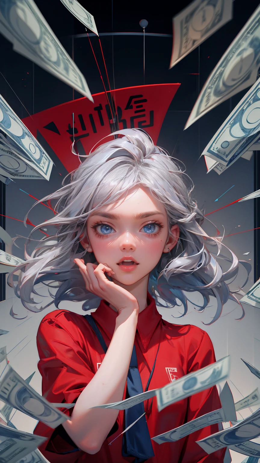 a cute  girl screaming in pain, wearing red shirt and grey hair looking at trading chart showing blue up arrow going towards the sky, surrounded by money flying around her , 
