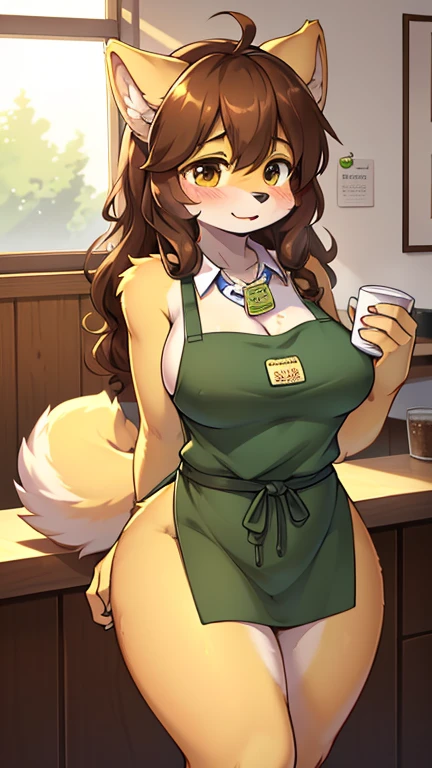 best quality, best resolution, solo, (fluffy anthro furry), golden retriever adult, 30 years old, grown, brown hair, curly hair, (light yellow fur), medium breast, thick thighs, (wearing nothing but a green apron, nametag), coffee shop, blushing