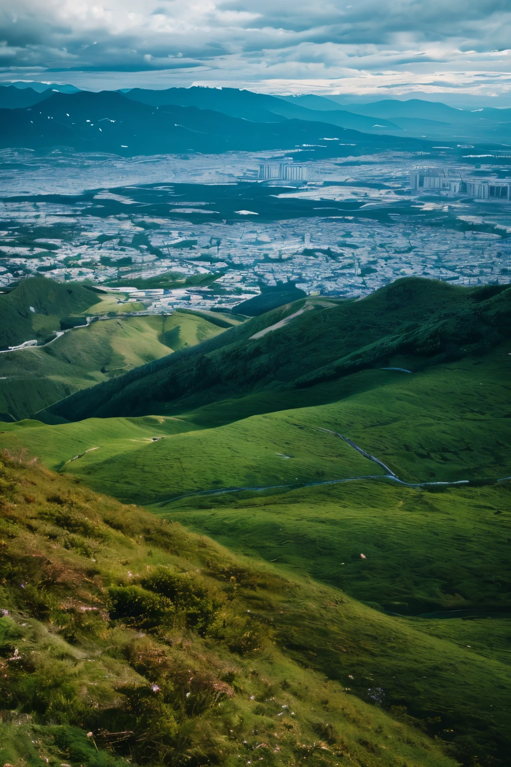 Landscape, Landscape viewed from mountain top, Japan, detail, realistic, ultra realistic, 8k uhd, DSLR, soft lighting, high quality, film grain, Fujifilm XT3, (Masterpiece) <la:add_detail:1