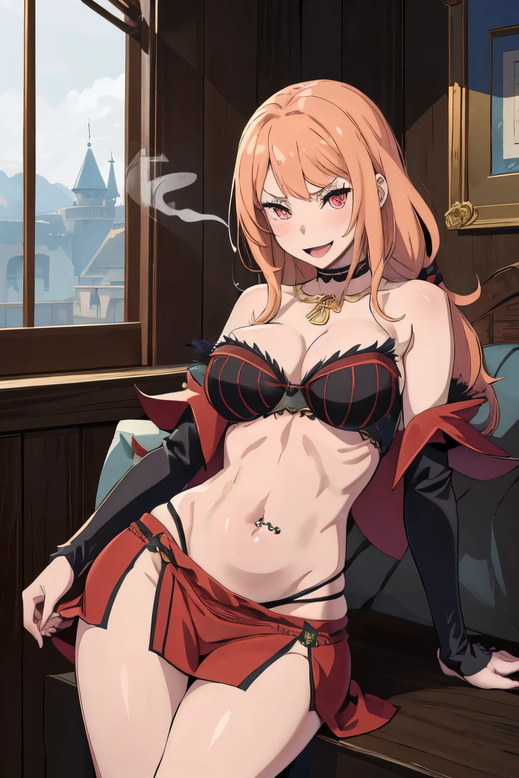 hmpris, long hair, bangs,  choker, necklace, lipstick, blush, Hot girls, baddie, staring, glaring, bad attitude, mean girl, crazy, smoking, sensual, attractive, masterpiece, best quality, highly detailed, fantasy , a anime girls in armored dress holding a sword
posing for a picture, evil smile, smile, open mouth, breastplate with open cleavage, cleavage, warrior
outfit, ecchi anime style, anime girls, ecchi style, (nsfw) not safe for work, ecchi, digital anime art!!, in
anime style, official artwork, visual novel cg, beautiful anime girl, anime style 4 k , loincloth, exposed
belly, exposed navel, exposed midriff, exposed lower belly, pencil skirt armored, castle,inside castle,
navel piercing