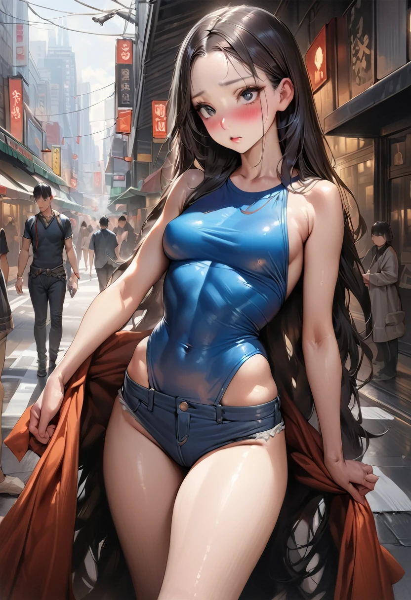(((masterpiece,Highest quality:1.3,best quality illustration))),realistic,cowboy shot,独奏,1woman,(18 year old beauty),((very small head:1.3)),black hair,long hair,forehead,center parted bangs,black eyes,gorgeous big eyes,blush,((very long body,skinny)),medium breasts,gleaming skin,toned body,slender body,skinny,(Navy blue baseball T-shirt)、Denim Micro Shorts、navel,on street,Shinjuku、Tokyo、