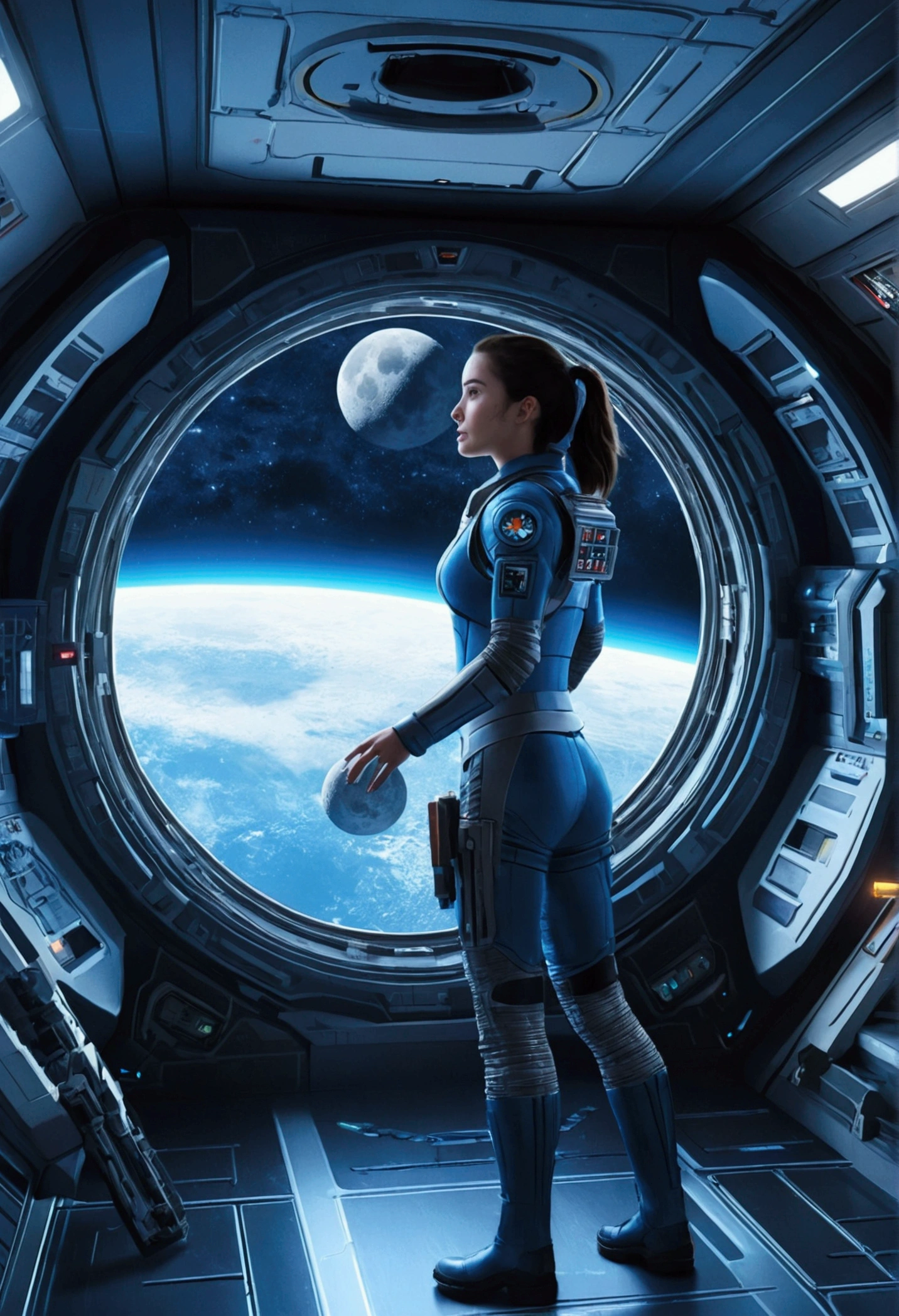 Science Fiction Movie Posters,Inside the spaceship, Pre-Girl, big dog fight,Fighters々Group of,Blue Moon Ray Tracing, Space Station,Moon Background, Game CG,8k,W 1 0 2 4 - N 8 - I