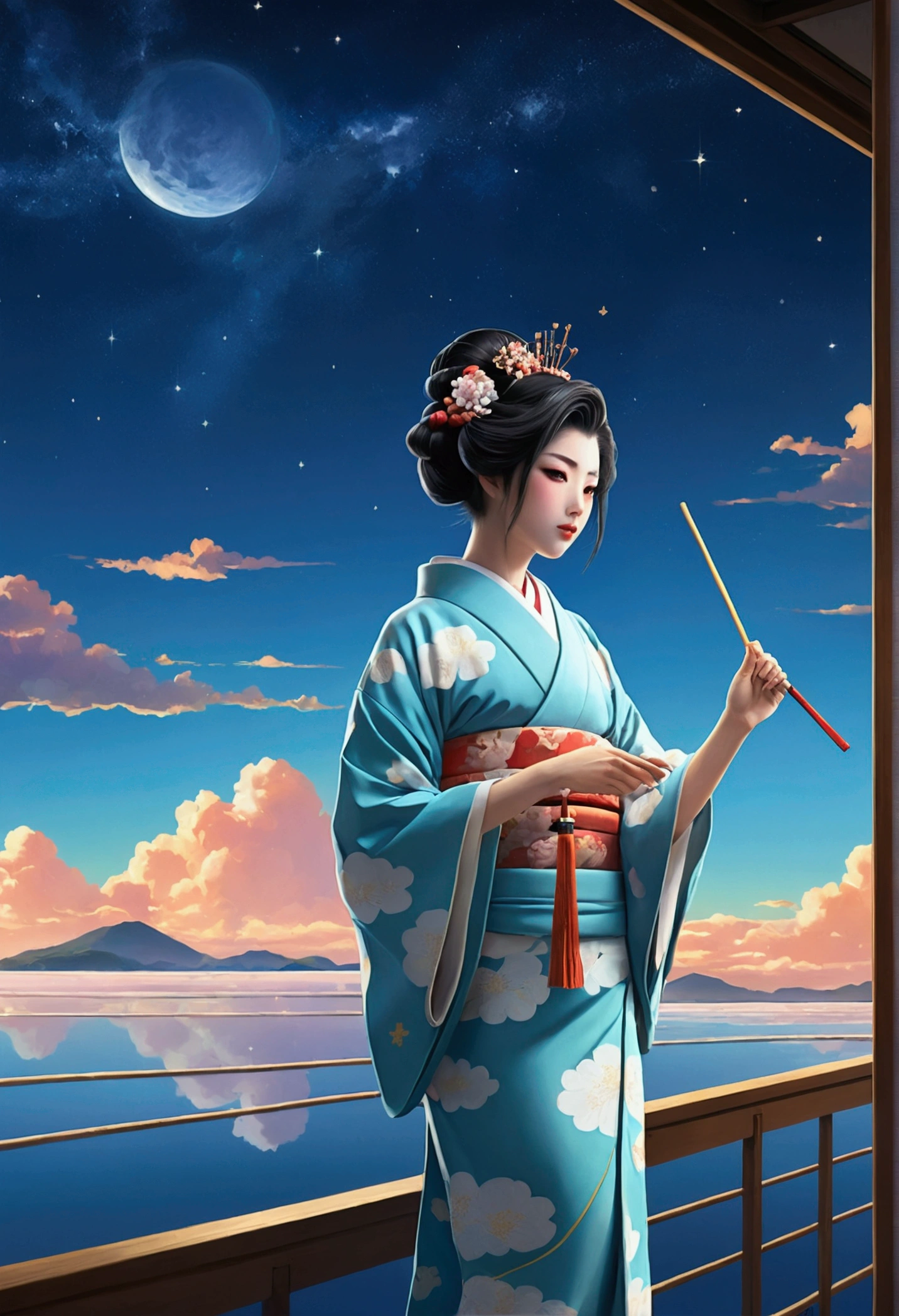 High quality masterpiece, landscape, cloud, Animated train passing through a body of water on distant tracks, Bright starry sky. Traveler, Romantic Light, Pixiv, Concept Art, Lofi Art Style, reflection. Makoto Shinkai, Roffie Art, Beautiful anime scene, Anime landscape, Detailed landscape — width 672, Makoto Shinkai's Style, Makoto Shinkai's Style, Enhanced Details. change, Leprechaun,A woman in a kimono holding a folding fan and a uchiwa fan, Traditional Japanese, Japanese style, Japanese Goddess, glamorous and sexy geisha, japanese geisha, Traditional beauty, in kimono, geisha, beauty geisha, Inspired by Fujiwara Takanobu, traditional geisha clothing, geisha makeup, organic seductive geisha, geisha make up