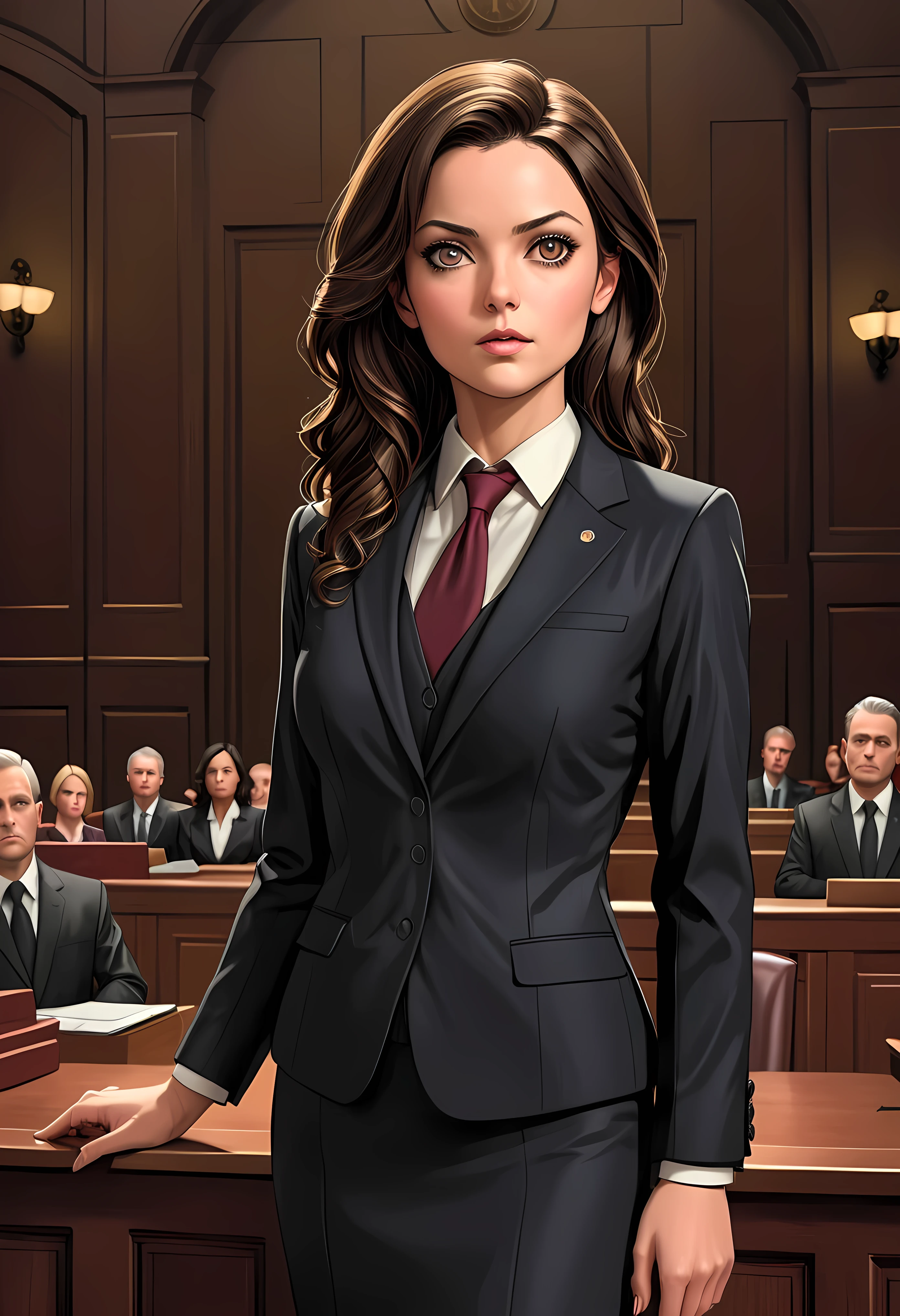 Create a breathtaking, ultra-high-definition image in 16K resolution that captures the elegance and professionalism of a courtroom scene, with a realistic photo aesthetic. | Visualize a beautiful brunette female lawyer with flowing hair, striking eyes, and a confident expression. She exudes authority and grace as she delivers her speech in the courtroom, wearing a stylish lawyer suit. Her outfit is sophisticated and professional, blending classic design with modern touches to create a polished and authoritative look. | The scene is set in a courtroom, with dramatic lighting that highlights the lawyer and her presence. The background features an attentive audience of jury members, legal professionals, and observers, seated in rows, their attention focused on the lawyer. The courtroom itself is grand and formal, adding a sense of gravitas to the scene. | Capture the lawyer in a dynamic pose, showcasing the conviction and passion in her speech. Her expression should convey a sense of determination and intelligence as she confidently addresses the court. The camera angle should emphasize her full body, highlighting the intricate details of her suit and her commanding presence. | The overall ambiance should integrate rich colors and detailed textures, creating a sense of depth and immersion in this professional setting. Ensure anatomical correctness, with a focus on ultra-detailed textures and high-quality rendering, capturing every nuance of the lawyer's appearance and her stylish attire. This masterpiece should embody the spirit of professionalism and elegance, immersing viewers in its lifelike depiction. | Keywords: (brunette female lawyer:1.3), ((realistic photo)), ((stylish lawyer suit):1.2), ((confident expression):1.2), ((striking eyes):1.2), ((courtroom scene)), ((dynamic pose)), ((dramatic lighting)), ((detailed textures)), ((high quality)).