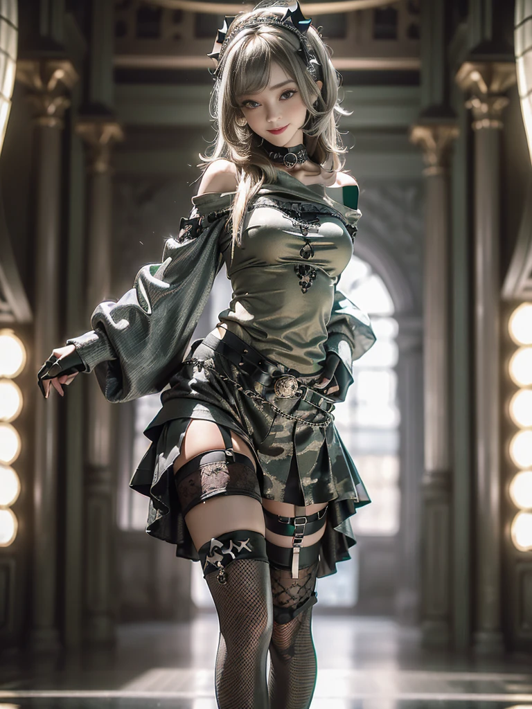 (Full Body View:1.2)、(Beautiful skin, lips and nose:1.4)、(Smiling with teeth showing:1.3),(Fashion Model:1.5)、(Gothic Lolita delicately decorated battle uniform:1.5)、(Moss green off-shoulder hoodie:1.5)、(Black, silver and white shorts:1.4)、(denim garter belt:1.5)、(Black and camouflage knee socks:1.3)、(Skull Silver Accessories:1.5)、(Lace collar:1.3)、(Brown Skin Belt:1.4)、(Brown boots:1.2)、(Underwear has polka dots:1.4)、23 years old、((Highest quality、In 8K、masterpiece:1.3))、Sharp focus:1.2、(Layered Cut、Huge boobs:1.1),Beautiful woman with perfect figure:1.4、(Dancing vigorously:1.3)、Slender Abs:1.2、Highly detailed face and skin texture、Detailed eyes、double eyelid,(Bob Hair:1.3)、(Brown-golden hair:1.3)、Gravure idol、(The background is a luxurious dance hall.:1.3)、(Slim Body:1.2),(Make your legs thinner:1.4),(clavicle:1.1)