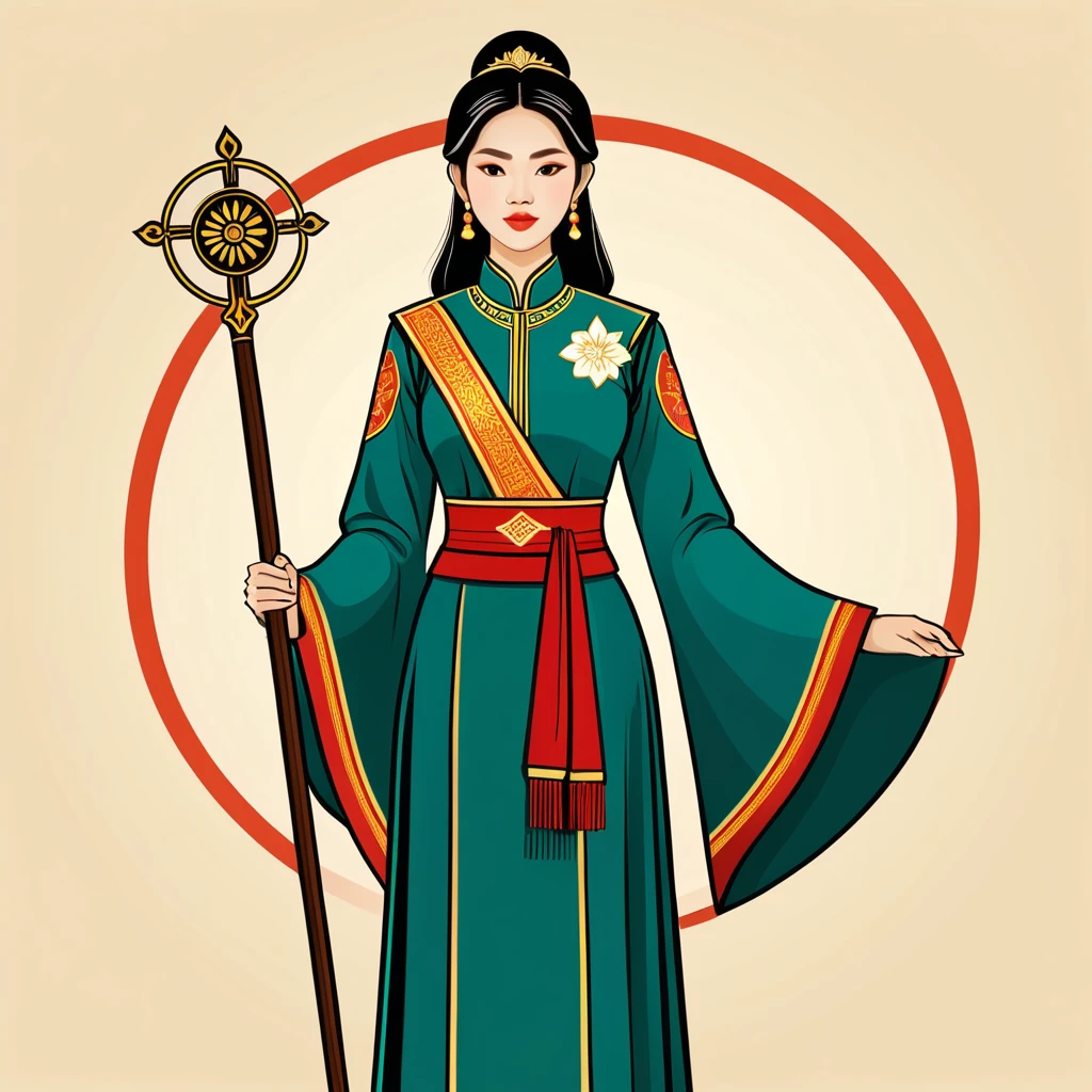 female	warden	in vietnamese folk outfit	,vector graphics, strong contours, logo design																						