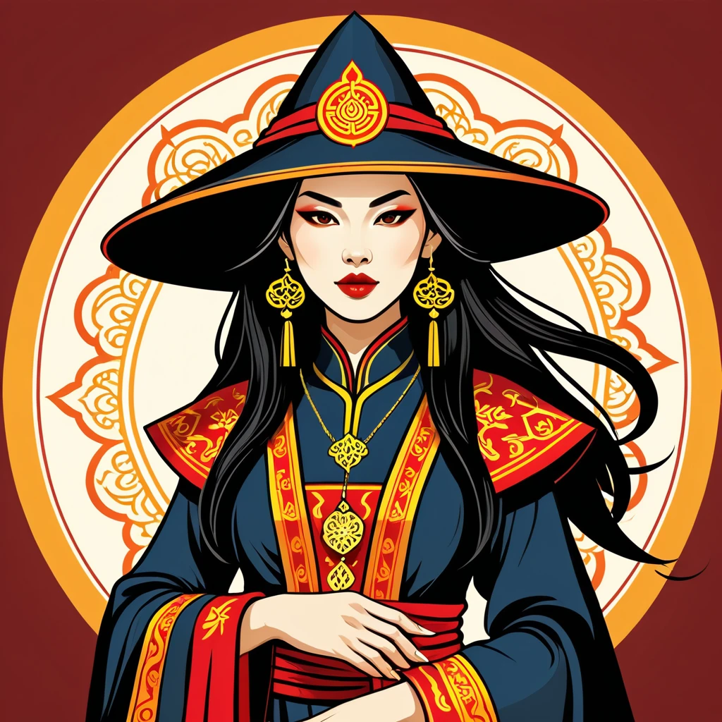 female warlock in vietnamese folk outfit ,vector graphics, strong contours, logo design