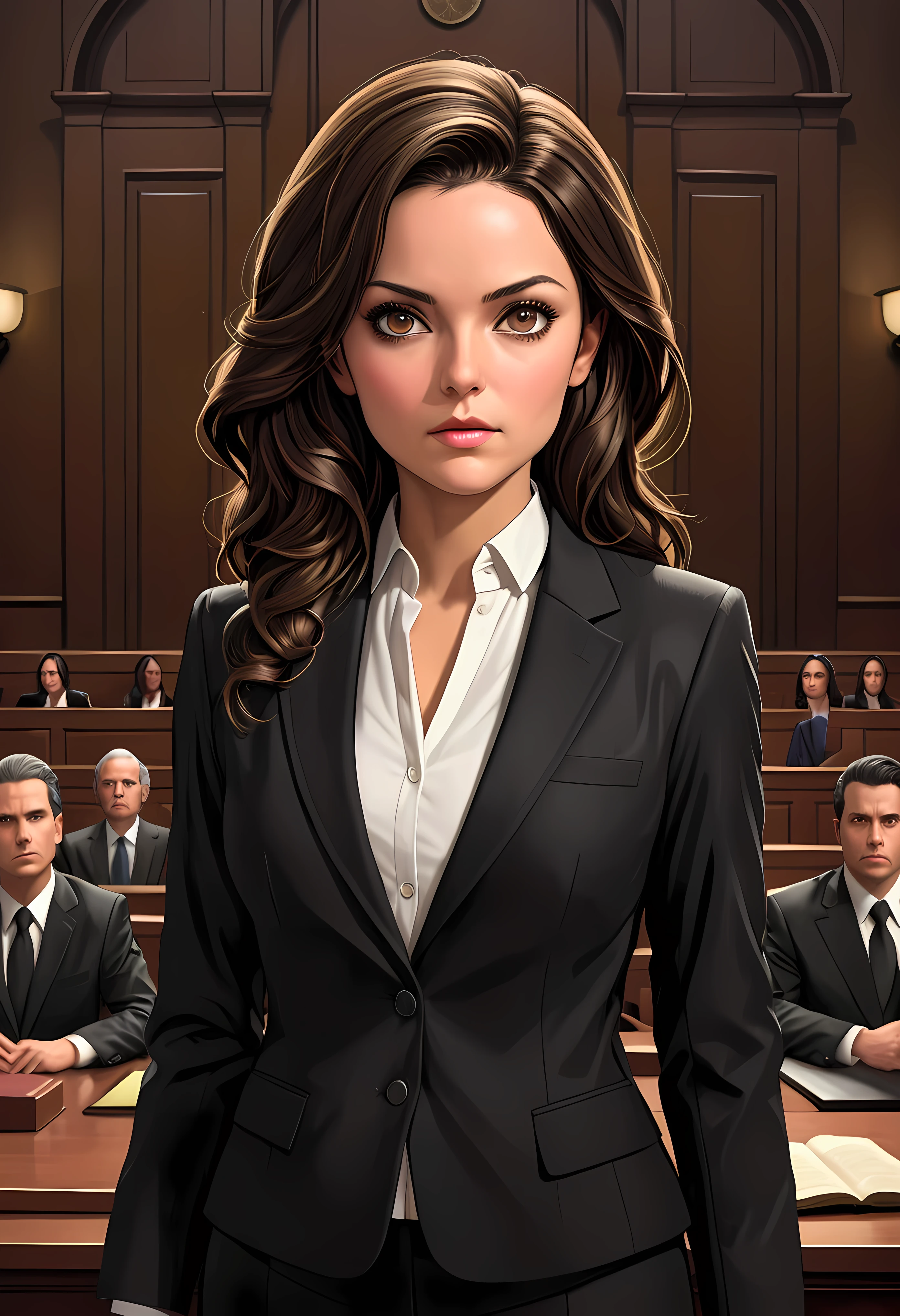 Create a breathtaking, ultra-high-definition image in 16K resolution that captures the elegance and professionalism of a courtroom scene, with a realistic photo aesthetic. | Visualize a beautiful brunette female lawyer with flowing hair, striking eyes, and a confident expression. She exudes authority and grace as she delivers her speech in the courtroom, wearing a stylish lawyer suit. Her outfit is sophisticated and professional, blending classic design with modern touches to create a polished and authoritative look. | The scene is set in a courtroom, with dramatic lighting that highlights the lawyer and her presence. The background features an attentive audience of jury members, legal professionals, and observers, seated in rows, their attention focused on the lawyer. The courtroom itself is grand and formal, adding a sense of gravitas to the scene. | Capture the lawyer in a dynamic pose, showcasing the conviction and passion in her speech. Her expression should convey a sense of determination and intelligence as she confidently addresses the court. The camera angle should emphasize her full body, highlighting the intricate details of her suit and her commanding presence. | The overall ambiance should integrate rich colors and detailed textures, creating a sense of depth and immersion in this professional setting. Ensure anatomical correctness, with a focus on ultra-detailed textures and high-quality rendering, capturing every nuance of the lawyer's appearance and her stylish attire. This masterpiece should embody the spirit of professionalism and elegance, immersing viewers in its lifelike depiction. | Keywords: (brunette female lawyer:1.3), ((realistic photo)), ((stylish lawyer suit):1.2), ((confident expression):1.2), ((striking eyes):1.2), ((courtroom scene)), ((dynamic pose)), ((dramatic lighting)), ((detailed textures)), ((high quality)).