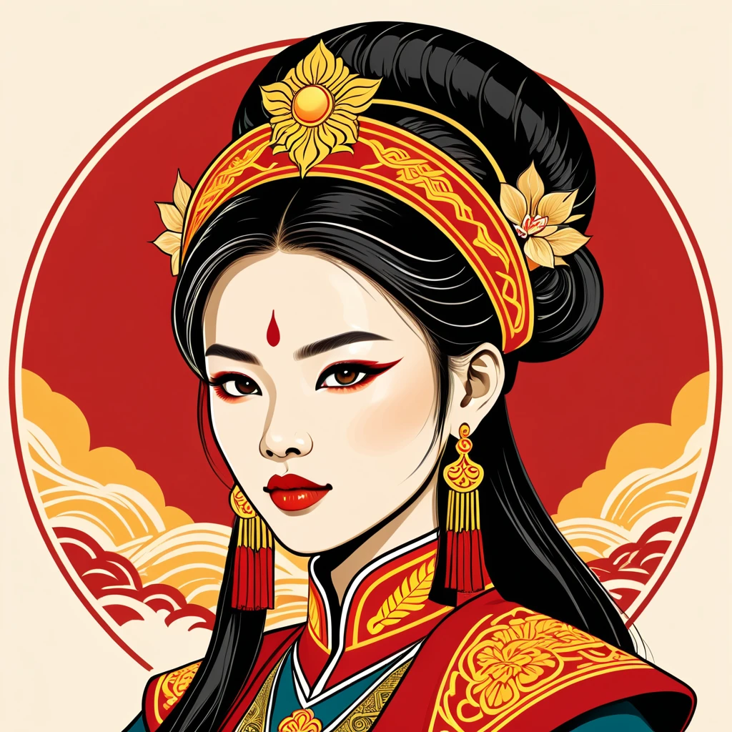female	warlord	in vietnamese folk outfit	,vector graphics, strong contours, logo design																						
