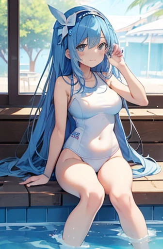 ((2D Beautiful Girl：1.5、Highest quality：1.5、Perfect Fingers:1.1、Perfect Anatomy:1.1、Perfect outfit、Beautiful illustrations))、Cute  girl、(Conversion Sequence)、((cute decorative headbands、White swimsuit ))、8-year-old、、Solio、Fractal Art、Baby Face、((Straight Long Hair))、Beautiful big droopy eyes、Slim and beautiful legs、（Wink、The best smile）、（whole body）、((1 person))、Blue sky and school poolside、Large Breasts