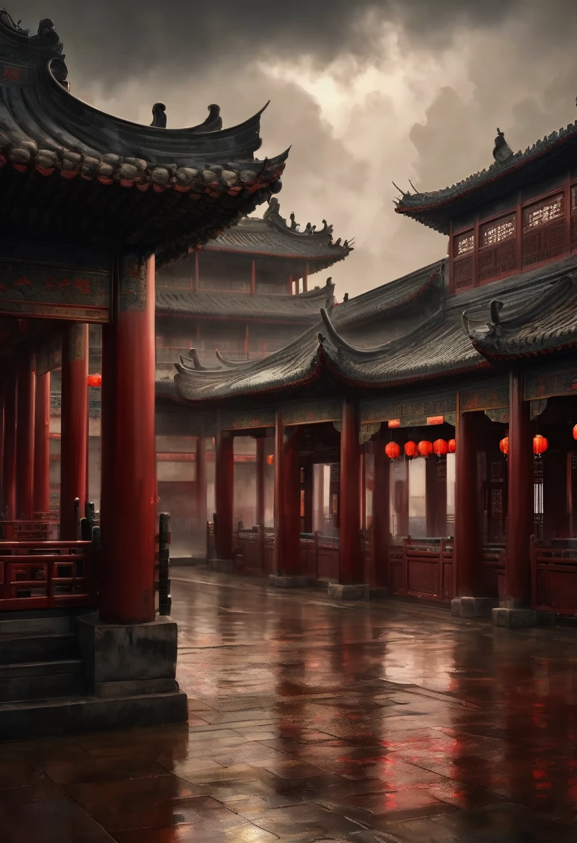 There are many red pillars and red lanterns in the middle of the courtyard, Beautiful rendering of the Tang Dynasty, Dreamy Chinatown, ancient Chinese Architecture, Cyberpunk Chinese Ancient Castle, Chinese Palace, Chinese Architecture, in forbidden city rainning, Tang Dynasty Palace, In line with Chinese aesthetics, author：Han Gan, Chinese, Highly detailed matte, Silk Road landscape，Illustration Art, Watercolor style，high quality, HD illustrations, background, Han Dynasty Architecture，Chinese Palace，The case occurred in"Chinese style、swordsman、dark、There is a lot of suspense、curiosity"international： After a Thousand Days of Storm，Gloomy sky，for a long time, Chang&#39;an Imperial City，Appear"The rain dissipates"， (Watercolor, masterpiece, Line Art, Illustration Art, Professional line art, Super complex and detailed, Chinese painting，8k:1.3)