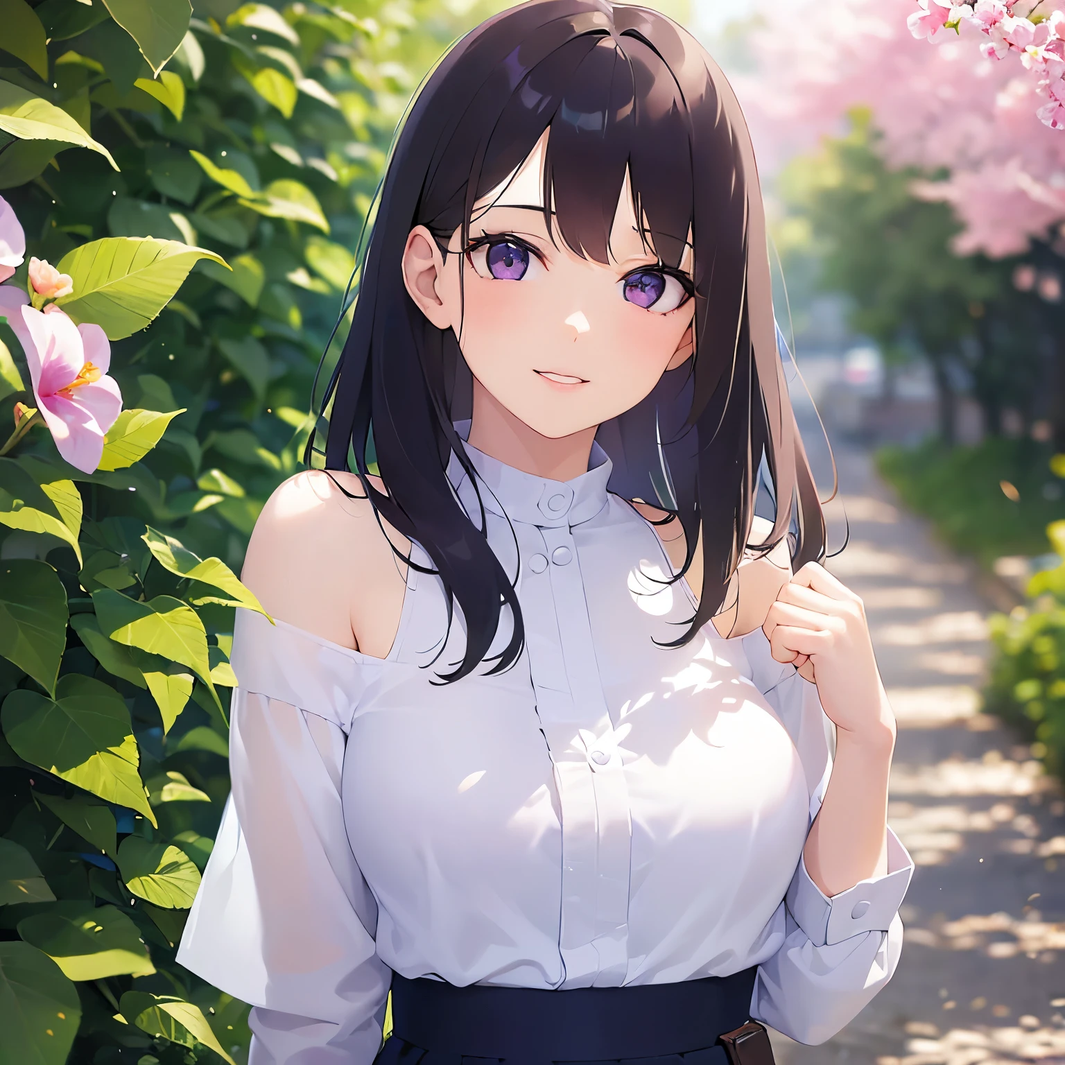 (looking at viewer:1.5),upper body,
Realistic, real person, (pale skin: 1.2), RAW photo, photorealistic, shiny skin, shiny hair、
(A 25-year-old woman with straight hair and bangs) and (medium hair) and (black hair) and (purple eyes) , 
(white) and (off shoulder blouse)、
blush,smile,The background is a park、Flower