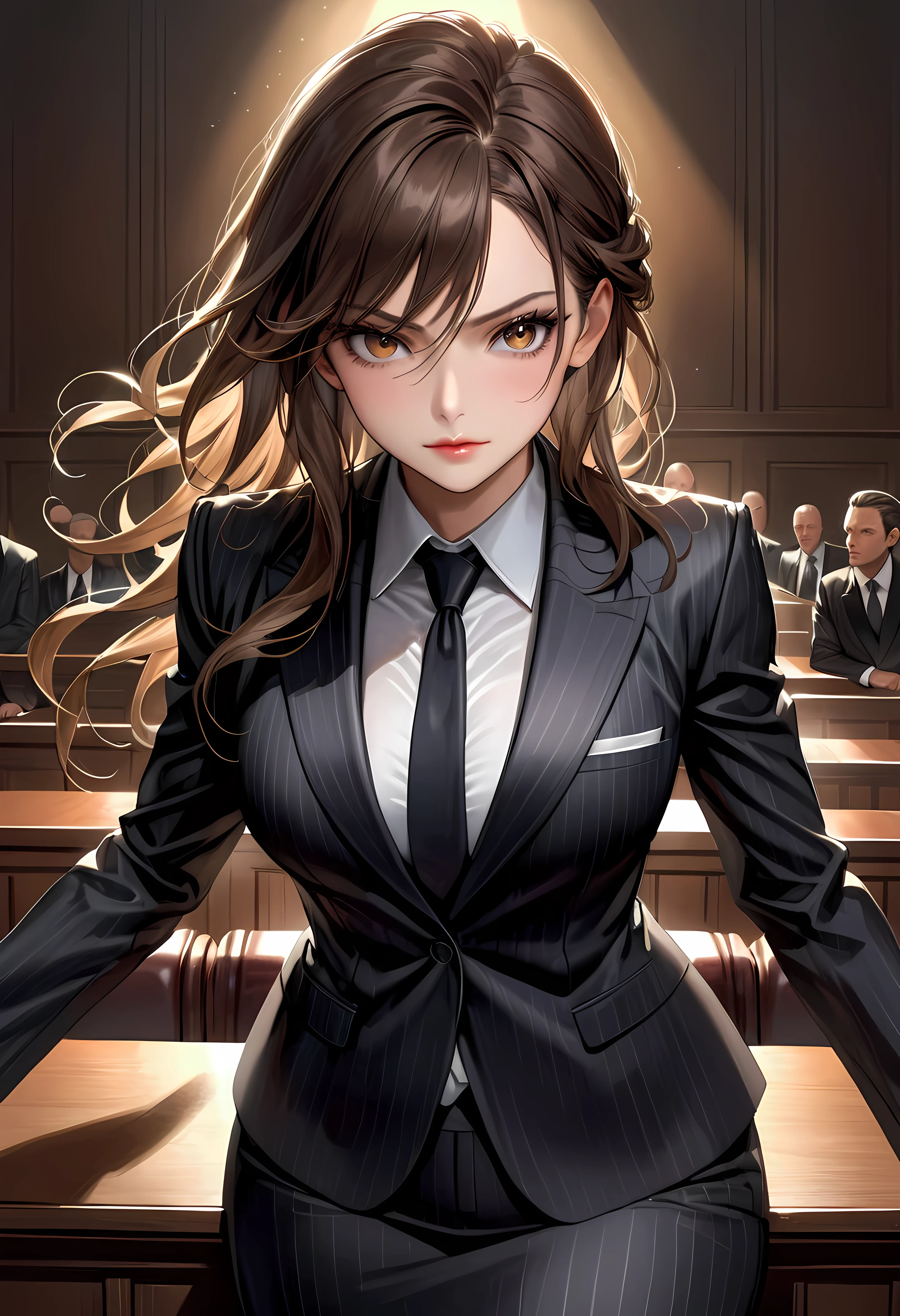 Create a breathtaking, ultra-high-definition image in 16K resolution that captures the elegance and professionalism of a courtroom scene, with a realistic photo aesthetic. | Visualize a beautiful brunette female lawyer with flowing hair, striking eyes, and a confident expression. She exudes authority and grace as she delivers her speech in the courtroom, wearing a stylish lawyer suit. Her outfit is sophisticated and professional, blending classic design with modern touches to create a polished and authoritative look. | The scene is set in a courtroom, with dramatic lighting that highlights the lawyer and her presence. The background features an attentive audience of jury members, legal professionals, and observers, seated in rows, their attention focused on the lawyer. The courtroom itself is grand and formal, adding a sense of gravitas to the scene. | Capture the lawyer in a dynamic pose, showcasing the conviction and passion in her speech. Her expression should convey a sense of determination and intelligence as she confidently addresses the court. The camera angle should emphasize her full body, highlighting the intricate details of her suit and her commanding presence. | The overall ambiance should integrate rich colors and detailed textures, creating a sense of depth and immersion in this professional setting. Ensure anatomical correctness, with a focus on ultra-detailed textures and high-quality rendering, capturing every nuance of the lawyer's appearance and her stylish attire. This masterpiece should embody the spirit of professionalism and elegance, immersing viewers in its lifelike depiction. | Keywords: (brunette female lawyer:1.3), ((realistic photo)), ((stylish lawyer suit):1.2), ((confident expression):1.2), ((striking eyes):1.2), ((courtroom scene)), ((dynamic pose)), ((dramatic lighting)), ((detailed textures)), ((high quality)).