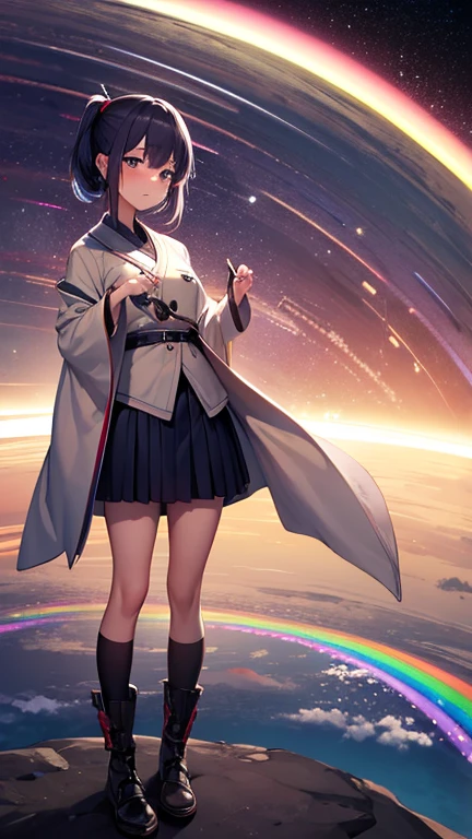 Hiroshi Hirata, John M. Burns, Kevin O'Neill, Kay Nielsen, Květa Pacovská, Surrealism, wonder, strange, bizarre, fantasy, Sci-fi, Japanese anime, miniskirt beautiful high school girl drawing a rainbow in space with colored pencils, perfect voluminous body, rocket disintegrating, detailed masterpiece Hyper realistic sharp focus cinematic lighting cute happy coquettish shy embarrassing blushing real