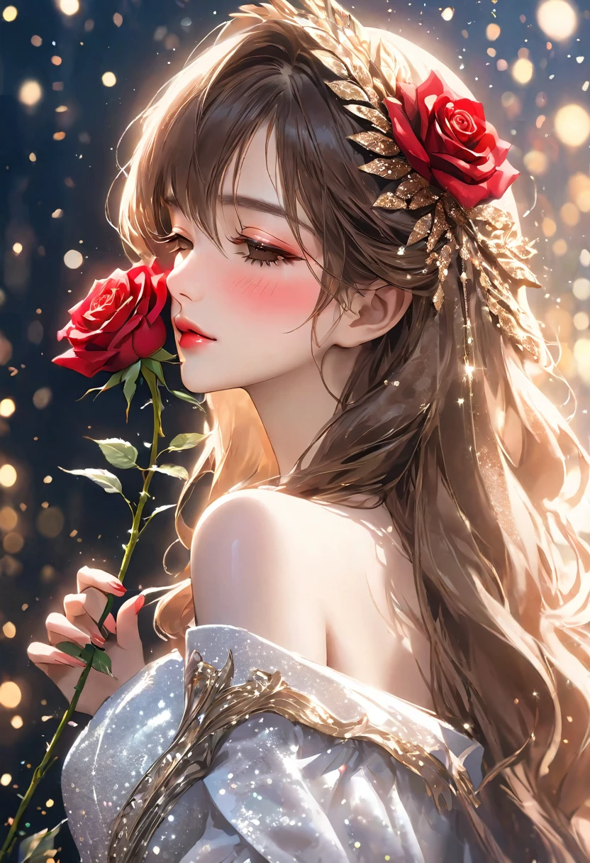 Close-up of the profile of a beautiful girl with long brown hair, closing her eyelids, not opening her eyes, holding a red rose in her hand and smelling it, long eyelashes, white off-the-shoulder outfit, mature, made-up face, pretty, older woman, glitter eye make-up, Korean-style make-up, masterpiece, perfect hand shape