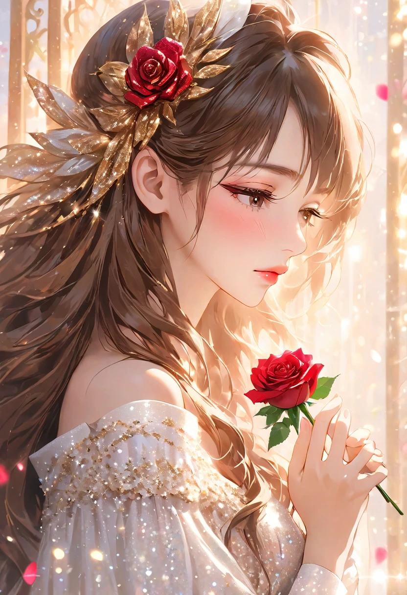 Close-up of the profile of a beautiful girl with long brown hair, closing her eyelids, not opening her eyes, holding a red rose in her hand and smelling it, long eyelashes, white off-the-shoulder outfit, mature, made-up face, pretty, older woman, glitter eye make-up, Korean-style make-up, masterpiece, perfect hand shape