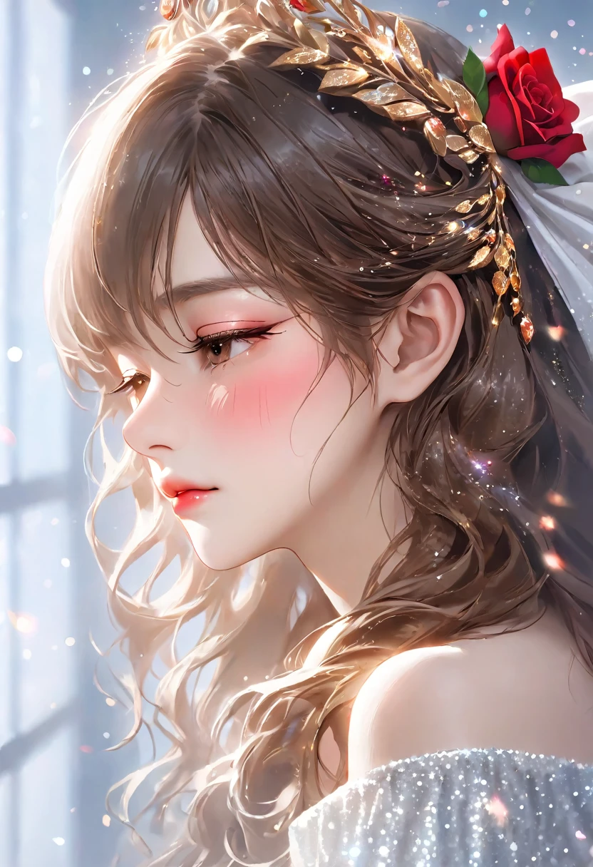 Close-up of the profile of a beautiful girl with long brown hair, closing her eyelids, not opening her eyes, holding a red rose in her hand and smelling it, long eyelashes, white off-the-shoulder outfit, mature, made-up face, pretty, older woman, glitter eye make-up, Korean-style make-up, masterpiece, perfect hand shape
