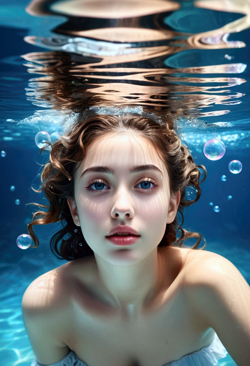 1girl, beautiful detailed eyes, beautiful detailed lips_Soft smile, very detailed face and pupils, long eyelashes, wearing frilly off-shoulder, lying down in clear blue shallow water, diving relax_Wet hair, wet face and body, underwater bubbles, calm Waves, reflections in water, lively, dynamic, (full body shot_aerial shot low angle focus), surreal concept (highest quality, 4k, 8k, high resolution, masterpiece: 1.2), very detailed, (realistic, realistic, realistic :1.37), natural light, soft lighting, calm atmosphere, dreamy, ethereal, serenity, quiet