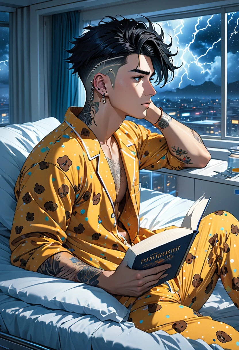 Handsome 25 year old anime male, falling a sleep atop his hospital bed/handsome male, face piercings, scars, short spiked black longish hair with a undercut, freckles, wearing honey bear print pajamas, luxurious futuristic expensive hospital room, a book sits to the side , night time, storm raging outside window