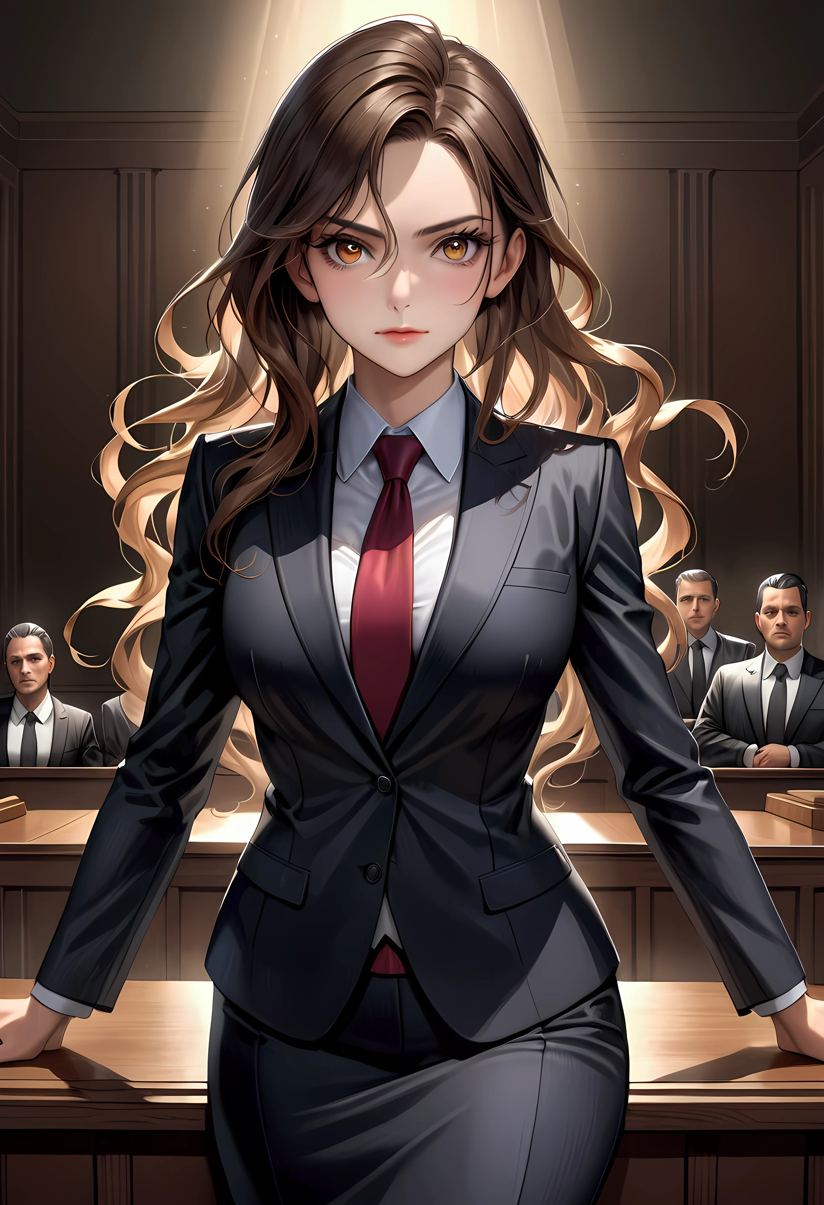 Create a breathtaking, ultra-high-definition image in 16K resolution that captures the elegance and professionalism of a courtroom scene, with a realistic photo aesthetic. | Visualize a beautiful brunette female lawyer with flowing hair, striking eyes, and a confident expression. She exudes authority and grace as she delivers her speech in the courtroom, wearing a stylish lawyer suit. Her outfit is sophisticated and professional, blending classic design with modern touches to create a polished and authoritative look. | The scene is set in a courtroom, with dramatic lighting that highlights the lawyer and her presence. The background features an attentive audience of jury members, legal professionals, and observers, seated in rows, their attention focused on the lawyer. The courtroom itself is grand and formal, adding a sense of gravitas to the scene. | Capture the lawyer in a dynamic pose, showcasing the conviction and passion in her speech. Her expression should convey a sense of determination and intelligence as she confidently addresses the court. The camera angle should emphasize her full body, highlighting the intricate details of her suit and her commanding presence. | The overall ambiance should integrate rich colors and detailed textures, creating a sense of depth and immersion in this professional setting. Ensure anatomical correctness, with a focus on ultra-detailed textures and high-quality rendering, capturing every nuance of the lawyer's appearance and her stylish attire. This masterpiece should embody the spirit of professionalism and elegance, immersing viewers in its lifelike depiction. | Keywords: (brunette female lawyer:1.3), ((realistic photo)), ((stylish lawyer suit):1.2), ((confident expression):1.2), ((striking eyes):1.2), ((courtroom scene)), ((dynamic pose)), ((dramatic lighting)), ((detailed textures)), ((high quality)).