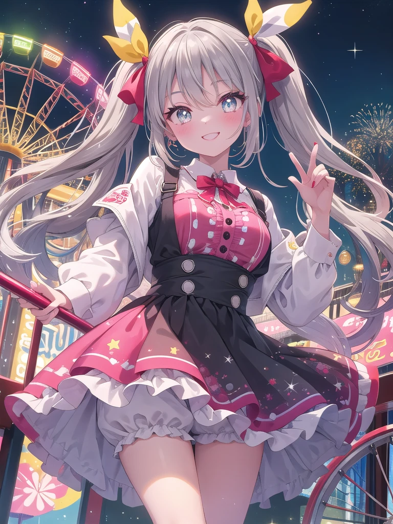 ((8k, best quality, master piece: 1.3)),super high resolution,(1 girl, solo), (colorshift eyes, hyperdetailed, expressive sparkling, glitter, glowing eyes), ultra detailed eyes, ultra-detailed face, random hair, ((silver gray color)),A scene of a pretty woman winking. The background is a colorful amusement park, with a Ferris wheel and a merry-go-round. She is wearing a pop-design top and shorts, with a brightly colored print on the top. The shot is taken from the bust so that her expression can be clearly seen. The woman's face is lightly made up, with cherry red lips and gloss. Her winking eye has light eyeshadow and long eyelashes, while her other eye is wide open and shining with joy. The smile she gives as she winks creates soft shadows on her cheeks, giving her face a three-dimensional look. Her hair is in twin tails, and each strand of hair is drawn realistically. Her hair is light brown and tied with colorful ribbons. The colorful decorations of the amusement park can be seen in the background, creating a fun atmosphere. The overall color palette is unified with vivid hues, giving a bright and pop impression. An amusement park ticket is drawn in her hand, giving a sense of fun. The nails on her fingertips are also drawn in detail. The texture of her skin, the softness of the fabric of her clothes, and the way the light hits them are all depicted in detail.