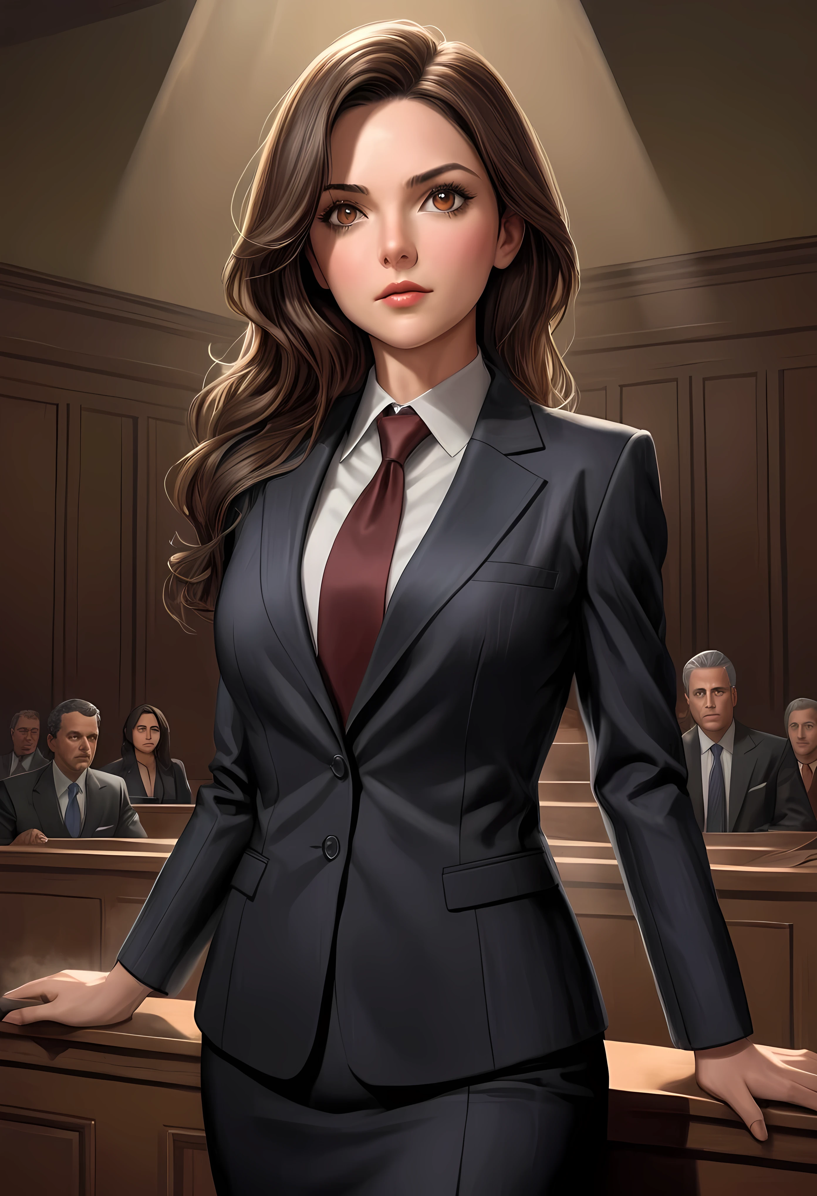 Create a breathtaking, ultra-high-definition image in 16K resolution that captures the elegance and professionalism of a courtroom scene, with a realistic photo aesthetic. | Visualize a beautiful brunette female lawyer with flowing hair, striking eyes, and a confident expression. She exudes authority and grace as she delivers her speech in the courtroom, wearing a stylish lawyer suit. Her outfit is sophisticated and professional, blending classic design with modern touches to create a polished and authoritative look. | The scene is set in a courtroom, with dramatic lighting that highlights the lawyer and her presence. The background features an attentive audience of jury members, legal professionals, and observers, seated in rows, their attention focused on the lawyer. The courtroom itself is grand and formal, adding a sense of gravitas to the scene. | Capture the lawyer in a dynamic pose, showcasing the conviction and passion in her speech. Her expression should convey a sense of determination and intelligence as she confidently addresses the court. The camera angle should emphasize her full body, highlighting the intricate details of her suit and her commanding presence. | The overall ambiance should integrate rich colors and detailed textures, creating a sense of depth and immersion in this professional setting. Ensure anatomical correctness, with a focus on ultra-detailed textures and high-quality rendering, capturing every nuance of the lawyer's appearance and her stylish attire. This masterpiece should embody the spirit of professionalism and elegance, immersing viewers in its lifelike depiction. | Keywords: (brunette female lawyer:1.3), ((realistic photo)), ((stylish lawyer suit):1.2), ((confident expression):1.2), ((striking eyes):1.2), ((courtroom scene)), ((dynamic pose)), ((dramatic lighting)), ((detailed textures)), ((high quality)).