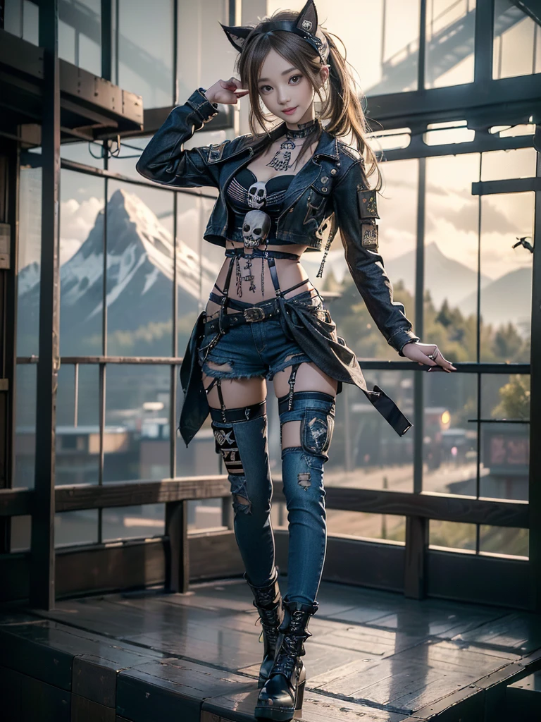 (Beautiful lips and nose:1.4)、(Long eyelashes:1.4)、(Smiling with teeth showing:1.3),(Shibuya Gal:1.5)、(Gothic ta delicately decorated dress:1.5)、(Tattered denim and black punk rock cargo pants:1.5)、(Denim and black navy skull mark small jacket:1.4)、(denim garter belt:1.5)、(Black and denim knee socks:1.3)、(Skull Silver Accessories:1.5)、(Denim collar:1.3)、(Brown Skin Belt:1.4)、(Brown boots:1.2)、(The underwear is striped:1.4)、31 years old、((Highest quality、In 8K、masterpiece:1.3))、Sharp focus:1.2、(Layered Cut、Huge boobs:1.1),Beautiful woman with perfect figure:1.4、(Dancing vigorously:1.3)、Slender Abs:1.2、Highly detailed face and skin texture、Detailed eyes、double eyelid,(Twin tails:1.3)、(Brown-golden hair:1.3)、Gravure idol、(The background is a vast mountain with a clear view々Beautiful luxury resort destination in Europe:1.3)、(Slim Body:1.2),(Make your legs thinner:1.4),(clavicle:1.1)
