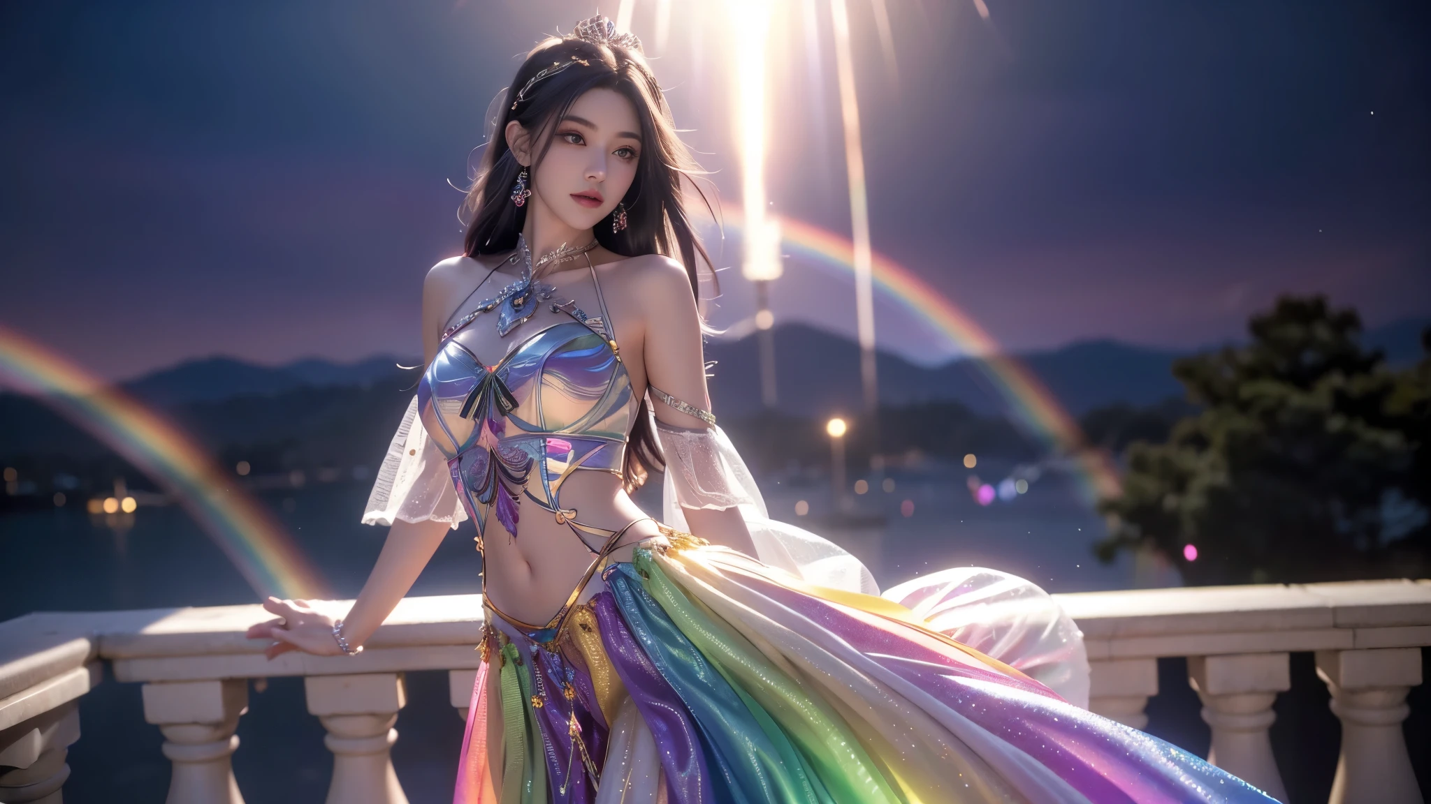 8K, UHD, MAsterpiece, best quality, 1 girl, (realistic face), happy pace, very long hair, small breasts, decorated dress, very beautiful ornaments dress, ((rainbow color)), ((lace)), mesh dress, sardine, loops, legendary night balcony, depth of field, cinematic lighting, chromatic aberration, motion blur, glowing light, god rays, ray tracing, reflection light, backlighting, navel,