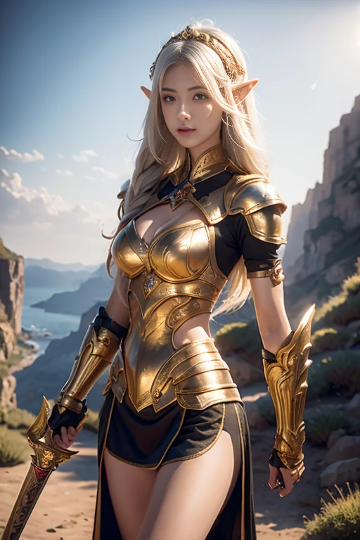 1 high elf woman, white hair and beautiful,, best qualityer, (Beauthfull), 1 , Scenario-based rendering, narrow waisted, Scrawny, eyes large, Legs long, (breasts small), Swollen Eyes, facing a cliff, late afternoon, (sun sunset), facing at viewer, posture of fight, (holding a sword and shield), a cold expression, golden armor all over the body