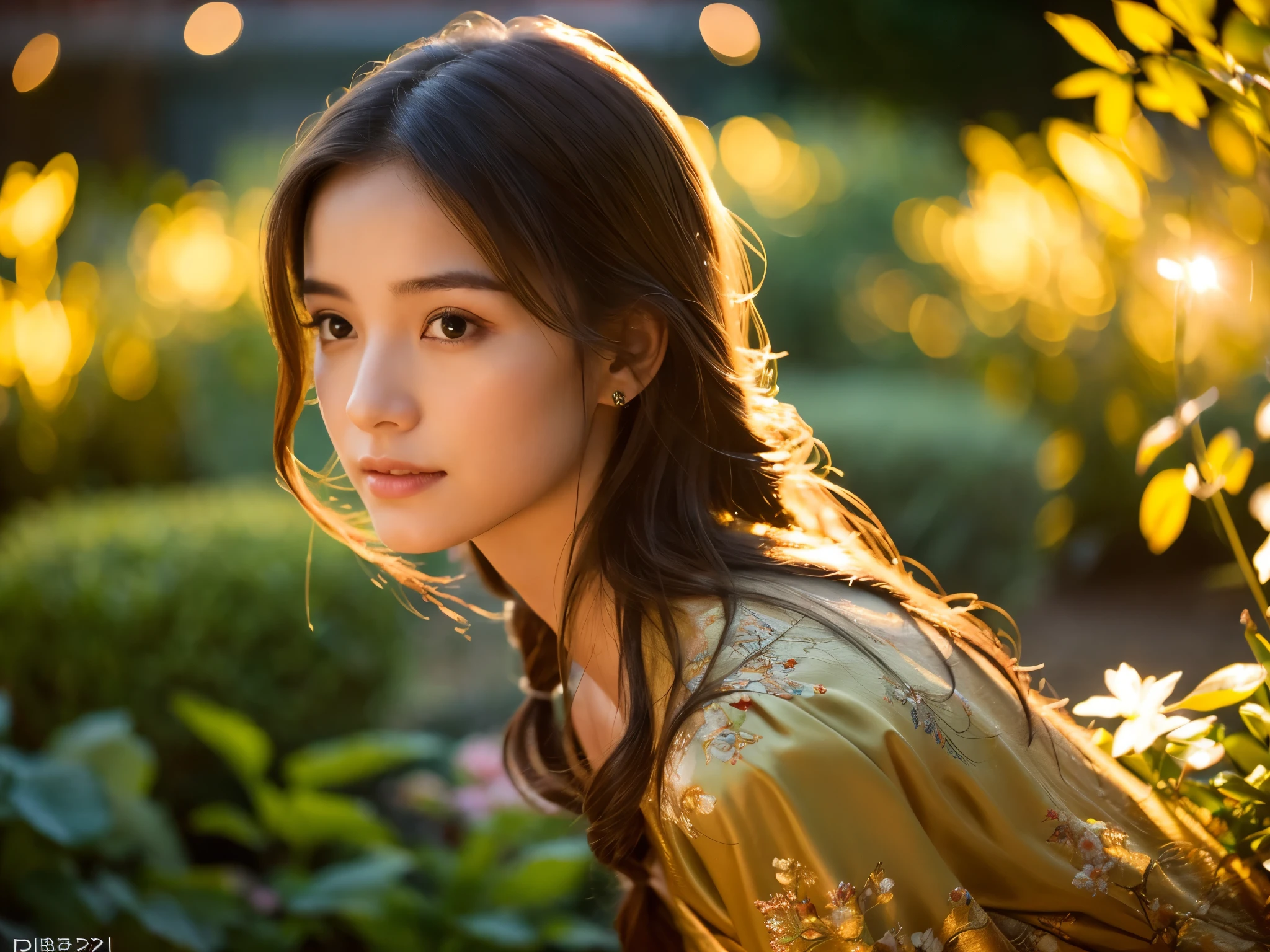 a beautiful girl in a garden at evening, long hair, detailed face, elegant dress, holding flower, soft lighting, golden hour, cinematic, realistic, highly detailed, 8k, intricate details, warm color tones, glowing skin, dramatic lighting, (best quality,4k,8k,highres,masterpiece:1.2),ultra-detailed,(realistic,photorealistic,photo-realistic:1.37)