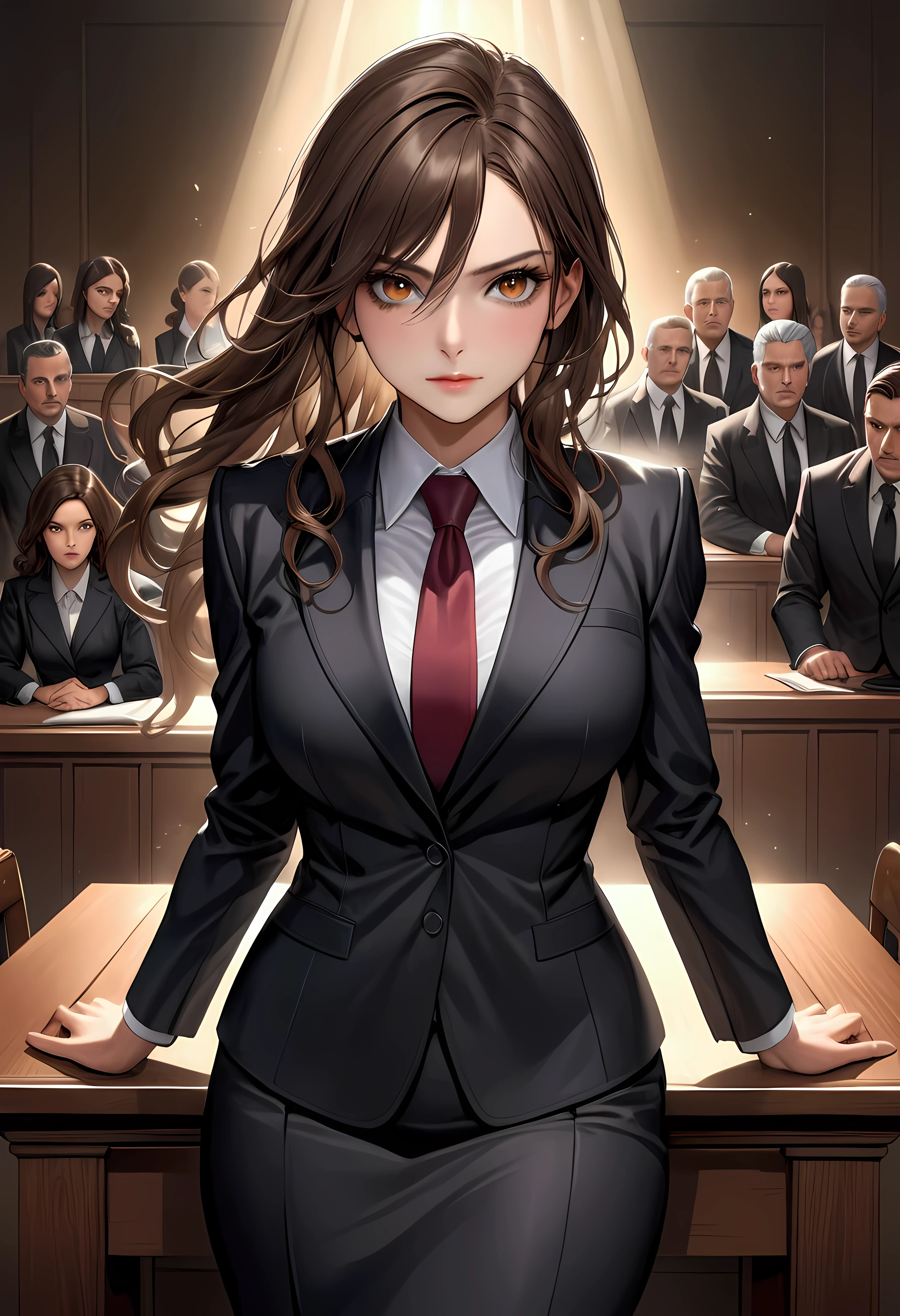 Create a breathtaking, ultra-high-definition image in 16K resolution that captures the elegance and professionalism of a courtroom scene, with a realistic photo aesthetic. | Visualize a beautiful brunette female lawyer with flowing hair, striking eyes, and a confident expression. She exudes authority and grace as she delivers her speech in the courtroom, wearing a stylish lawyer suit. Her outfit is sophisticated and professional, blending classic design with modern touches to create a polished and authoritative look. | The scene is set in a courtroom, with dramatic lighting that highlights the lawyer and her presence. The background features an attentive audience of jury members, legal professionals, and observers, seated in rows, their attention focused on the lawyer. The courtroom itself is grand and formal, adding a sense of gravitas to the scene. | Capture the lawyer in a dynamic pose, showcasing the conviction and passion in her speech. Her expression should convey a sense of determination and intelligence as she confidently addresses the court. The camera angle should emphasize her full body, highlighting the intricate details of her suit and her commanding presence. | The overall ambiance should integrate rich colors and detailed textures, creating a sense of depth and immersion in this professional setting. Ensure anatomical correctness, with a focus on ultra-detailed textures and high-quality rendering, capturing every nuance of the lawyer's appearance and her stylish attire. This masterpiece should embody the spirit of professionalism and elegance, immersing viewers in its lifelike depiction. | Keywords: (brunette female lawyer:1.3), ((realistic photo)), ((stylish lawyer suit):1.2), ((confident expression):1.2), ((striking eyes):1.2), ((courtroom scene)), ((dynamic pose)), ((dramatic lighting)), ((detailed textures)), ((high quality)).