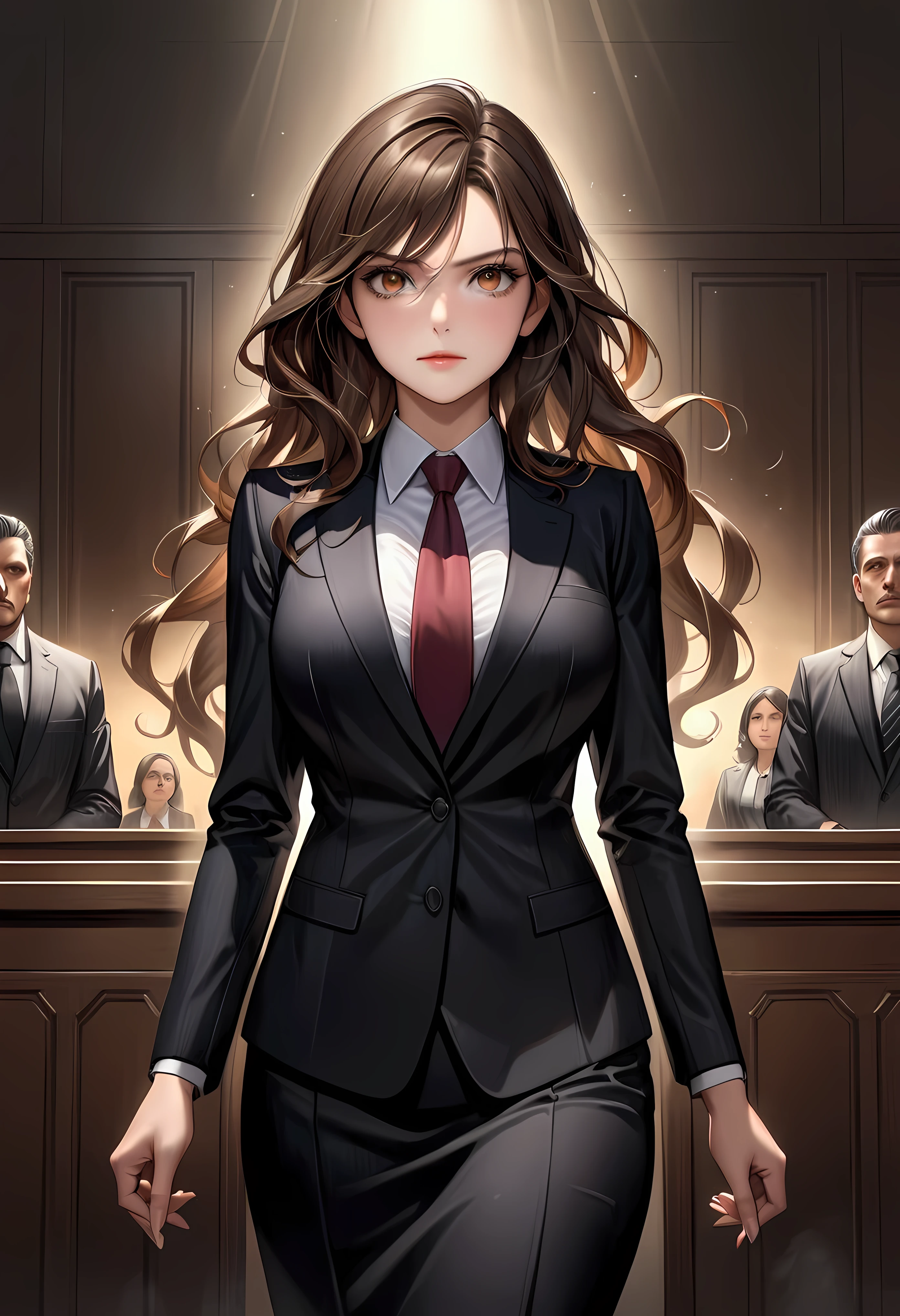 Create a breathtaking, ultra-high-definition image in 16K resolution that captures the elegance and professionalism of a courtroom scene, with a realistic photo aesthetic. | Visualize a beautiful brunette female lawyer with flowing hair, striking eyes, and a confident expression. She exudes authority and grace as she delivers her speech in the courtroom, wearing a stylish lawyer suit. Her outfit is sophisticated and professional, blending classic design with modern touches to create a polished and authoritative look. | The scene is set in a courtroom, with dramatic lighting that highlights the lawyer and her presence. The background features an attentive audience of jury members, legal professionals, and observers, seated in rows, their attention focused on the lawyer. The courtroom itself is grand and formal, adding a sense of gravitas to the scene. | Capture the lawyer in a dynamic pose, showcasing the conviction and passion in her speech. Her expression should convey a sense of determination and intelligence as she confidently addresses the court. The camera angle should emphasize her full body, highlighting the intricate details of her suit and her commanding presence. | The overall ambiance should integrate rich colors and detailed textures, creating a sense of depth and immersion in this professional setting. Ensure anatomical correctness, with a focus on ultra-detailed textures and high-quality rendering, capturing every nuance of the lawyer's appearance and her stylish attire. This masterpiece should embody the spirit of professionalism and elegance, immersing viewers in its lifelike depiction. | Keywords: (brunette female lawyer:1.3), ((realistic photo)), ((stylish lawyer suit):1.2), ((confident expression):1.2), ((striking eyes):1.2), ((courtroom scene)), ((dynamic pose)), ((dramatic lighting)), ((detailed textures)), ((high quality)).