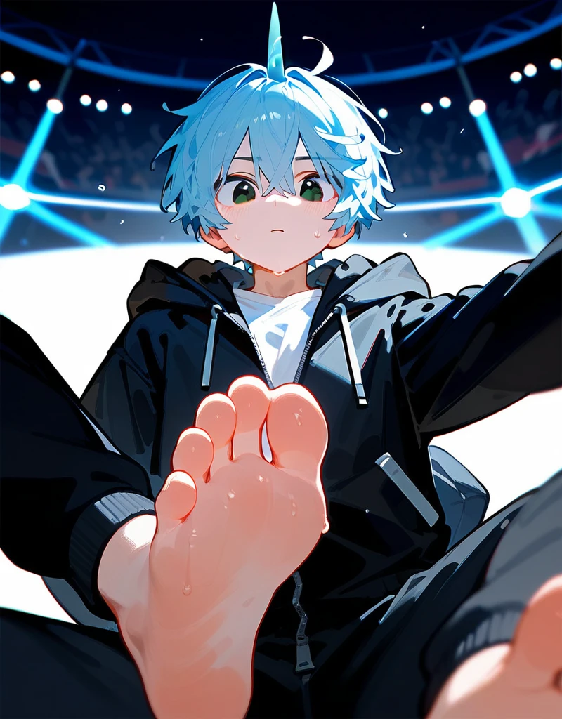 A cute boy showing his stinky feet low angle,barefoot, Sweating on the soles of the feet, Foot Focus,White T-shirt, Wearing a white and black hooded jacket,Unzipped hooded jacket, There are bangs between the eyes,short hair,Light blue hair, Black pants, Anatomically correct, There is a single blue horn in the middle of the head, black eyes, Look at the audience,Confuse,Sitting on another man's belly,