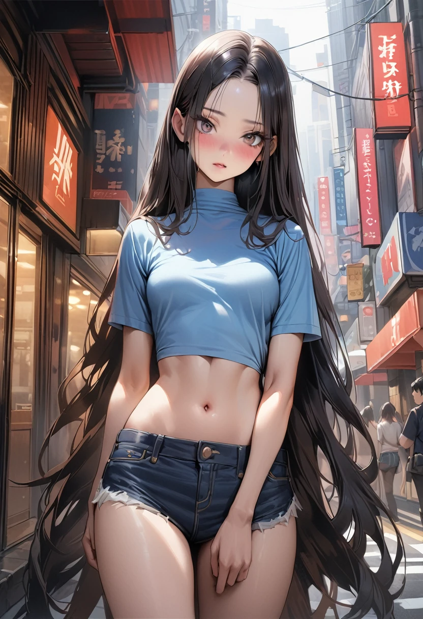 ((masterpiece,Highest quality:1.3,best quality illustration)),realistic,cowboy shot,独奏,1woman,(18 year old beauty),((very small head:1.3)),black hair,long hair,forehead,center parted bangs,black eyes,gorgeous big eyes,blush,((very long body,skinny)),medium breasts,gleaming skin,toned body,slender body,skinny,(Navy blue trim neck T-shirt)、Denim Micro Shorts、navel,on street,Shinjuku、Tokyo、