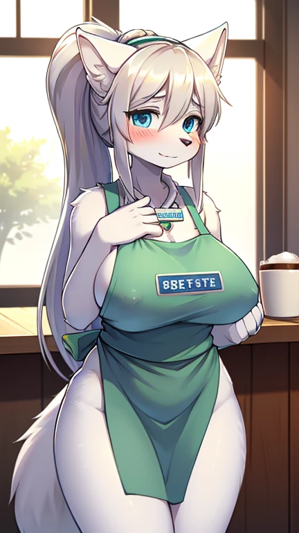 best quality, best resolution, solo, (fluffy anthro furry), arctic fox adult, 30 years old, grown, silver hair, long straight hair, blue eyes, (white fur), big breast, sophisticated manner, (wearing nothing but a green apron, nametag, hair tied in ponytail), coffee shop, embarrassed, suggestive eyes, nsfw