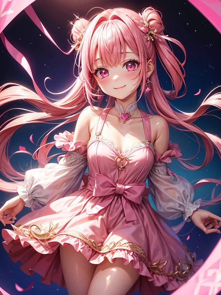 a character that is wearing a very pretty pink dress with lots of sparkles, solo, 1girl, pink hair, smile, looking at viewer, jewelry, heart, pink eyes, blush, earrings, bow, bangs,モモ