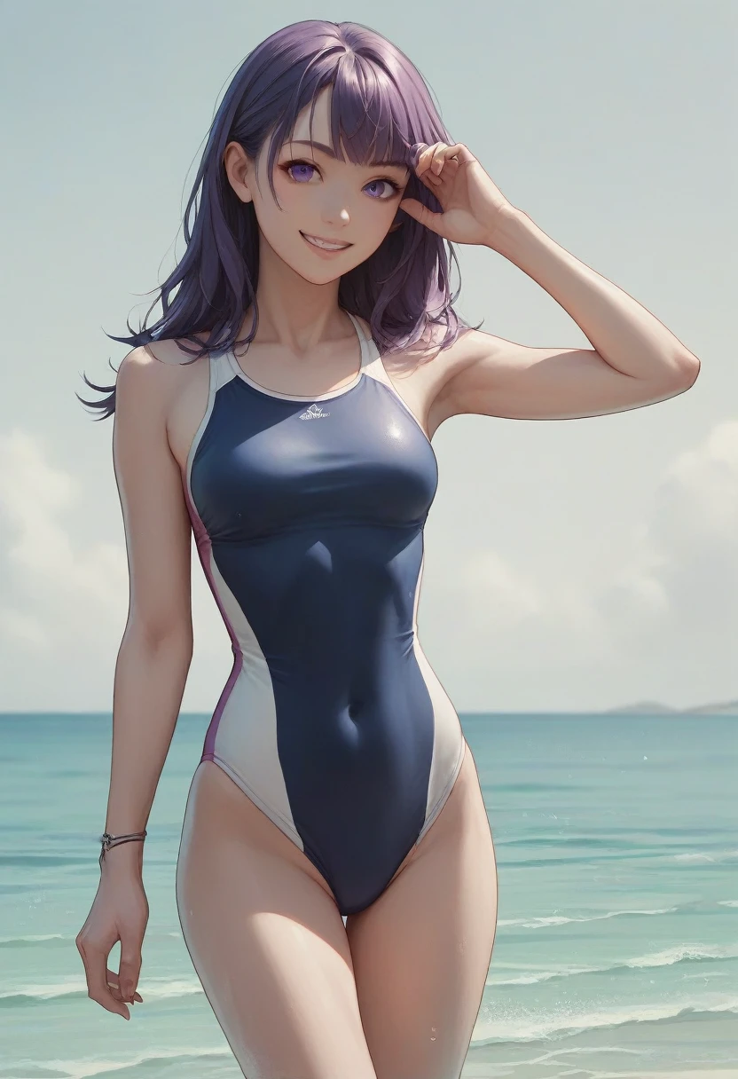 masterpiece, Final details, girl, Perfect face, Pretty Face, Slot Reference, Detailed hair, Purple Eyes, Smile, Solitary, swimsuit
