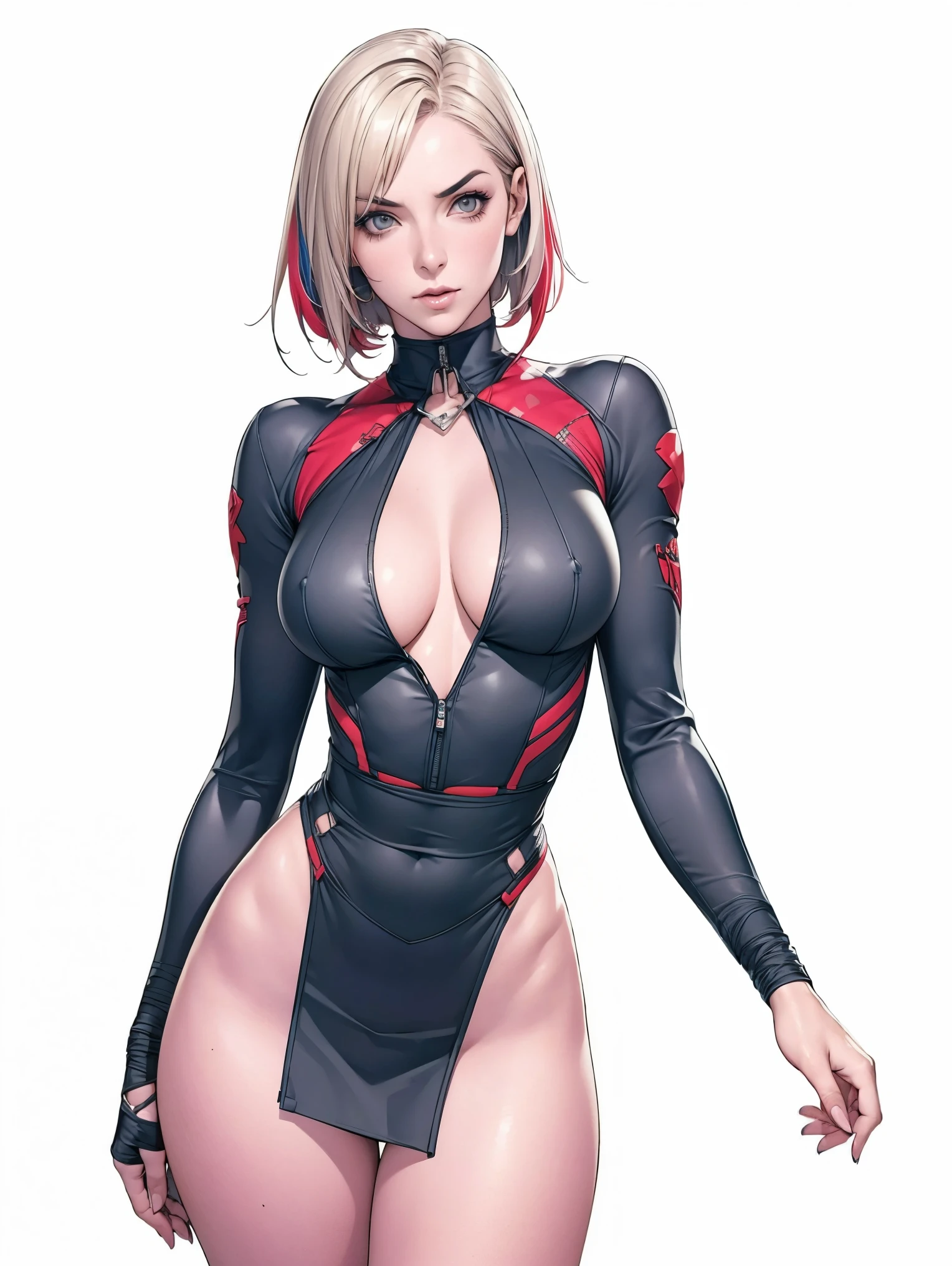 (((Annie Lennox))), (((colorful suit))), (scars), (((bandaged arms))), (((colorful clothes))) (( hood)), (((best qualityer: 1.4))), (Unbeatable masterpiece), (hiper HD),(CG 8k hyper-realistic), brave face, (((breasts big))), (((hyper feminine))), sexly girl, black tattoo,(ultra short red hair with white highlights)), ((( sculptural body ))), (((1 Kizi))), Kizi tatuada de 25 anos com perfectbody,,Beautiful and well-groomed face,muscular body:1.2,solid color detailed jacket, (Head to thigh photos), Complex equipment, copper,Tight clothes,With white stars and off-white stripes,,,,,Armor Metal Electronic Parts, Poison tattoos ) INFO, Kizi, (((standing alone))), pirralha violent, 24歳, sexy, pose de atitude, work of art, post-apocalypse, (((manga style))), bounty hunter, the way you want, perfect body, roupa moderna, advanced technology, Pleated mini skirt with checkered pattern in red and black, fur collar jacket, sleeves with vertical striped pattern, neutral background, (( cowboy shot )). intricate visual, narrow waist, (((wide hips))), wide hips, fit thighs, (thigh gap), background shows a futuristic airplane