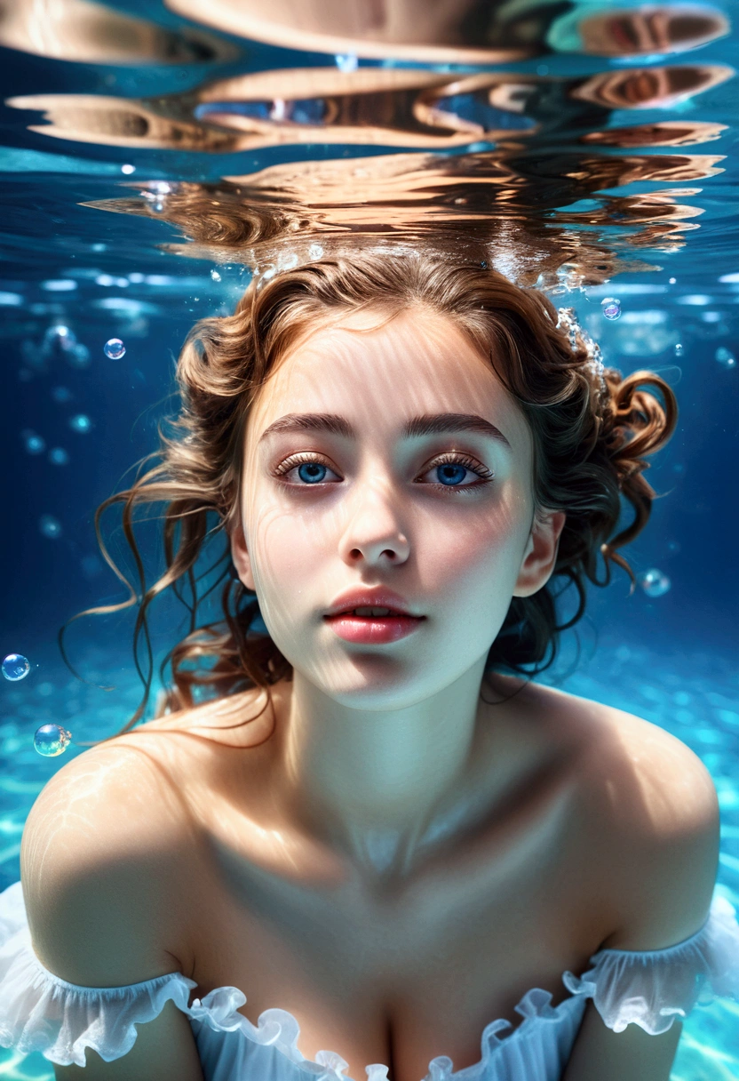 1girl, beautiful detailed eyes, beautiful detailed lips_Soft smile, very detailed face and pupils, long eyelashes, wearing frilly off-shoulder, lying down in clear blue shallow water, diving relax_Wet hair, wet face and body, underwater bubbles, calm Waves, reflections in water, vibrant, dynamic, (full body shot_side view, low angle focus), surreal concept (highest quality, 4k, 8k, high resolution, masterpiece: 1.2), highly detailed, (realistic, photorealistic, Realistic: 1.37), natural light, soft lighting, calm atmosphere, dreamy, ethereal, serenity, quiet