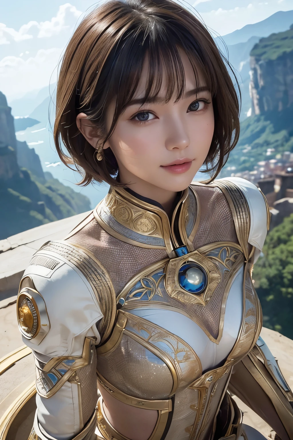 Ultra-high resolution、(Real:1.4)、One beautiful woman、Beautifully detailed eyes and skin、Light brown short hair、A Little Smile、Small Bust、Intricately decorated smart space suit、Impressive pose、Remains of a huge structure、Valley、cliff、Cloudy、evening、light rain、