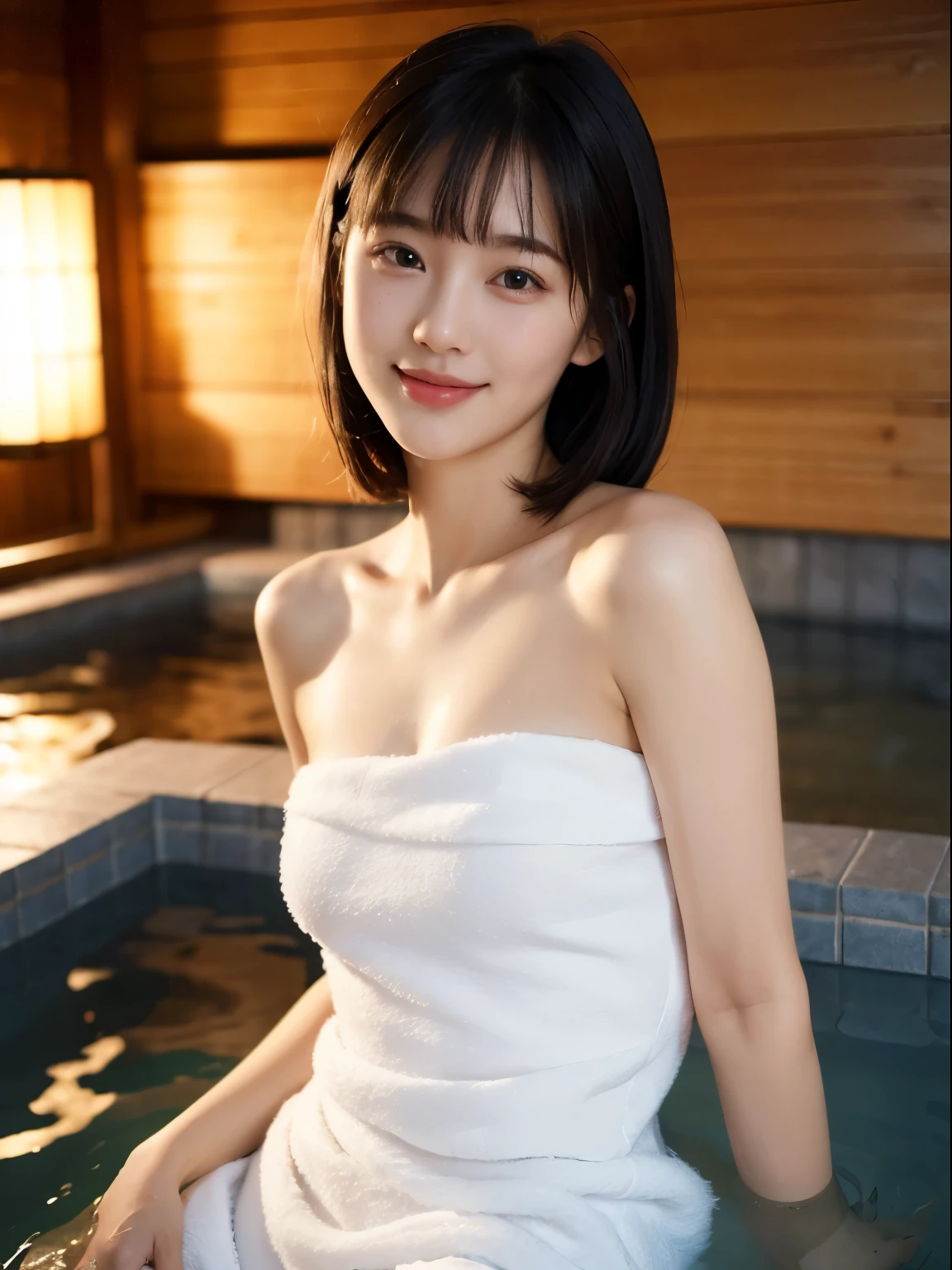 (8k, Top quality, Masterpiece:1.2), (Realistic, photo-realistic:1.37), Super detailed, perfect anatomy, cute, small eyes, 18 years old, a Japanese, girl, into the Onsen, tube top bath towel dress, half smile, blunt bangs,