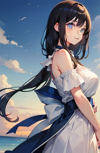Beautiful girl,Black Hair,Below shoulder length hair,Smooth straight hair,Eyes of Determination,Beautiful Blue Eyes,Childlike height,Manga Style,Full Color,high school girl,A childlike smile,Big Breasts