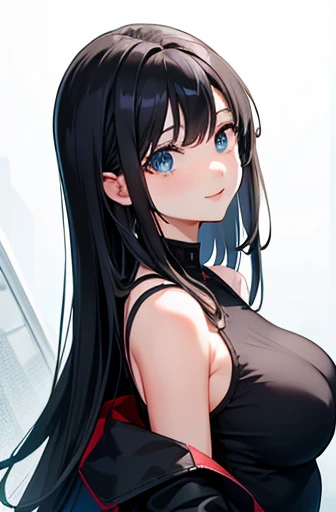 Beautiful girl,Black Hair,Below shoulder length hair,Smooth straight hair,Eyes of Determination,Beautiful Blue Eyes,Childlike height,Manga Style,Full Color,high school girl,A childlike smile,Big Breasts
