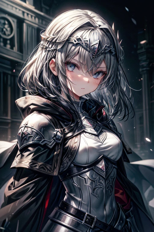 (masterpiece, best quality, perfect face, expressive eyes), 1girl, (anime), black hair, grey eyes, grey cloak, black armor, (silver metal circlet), intricate details,