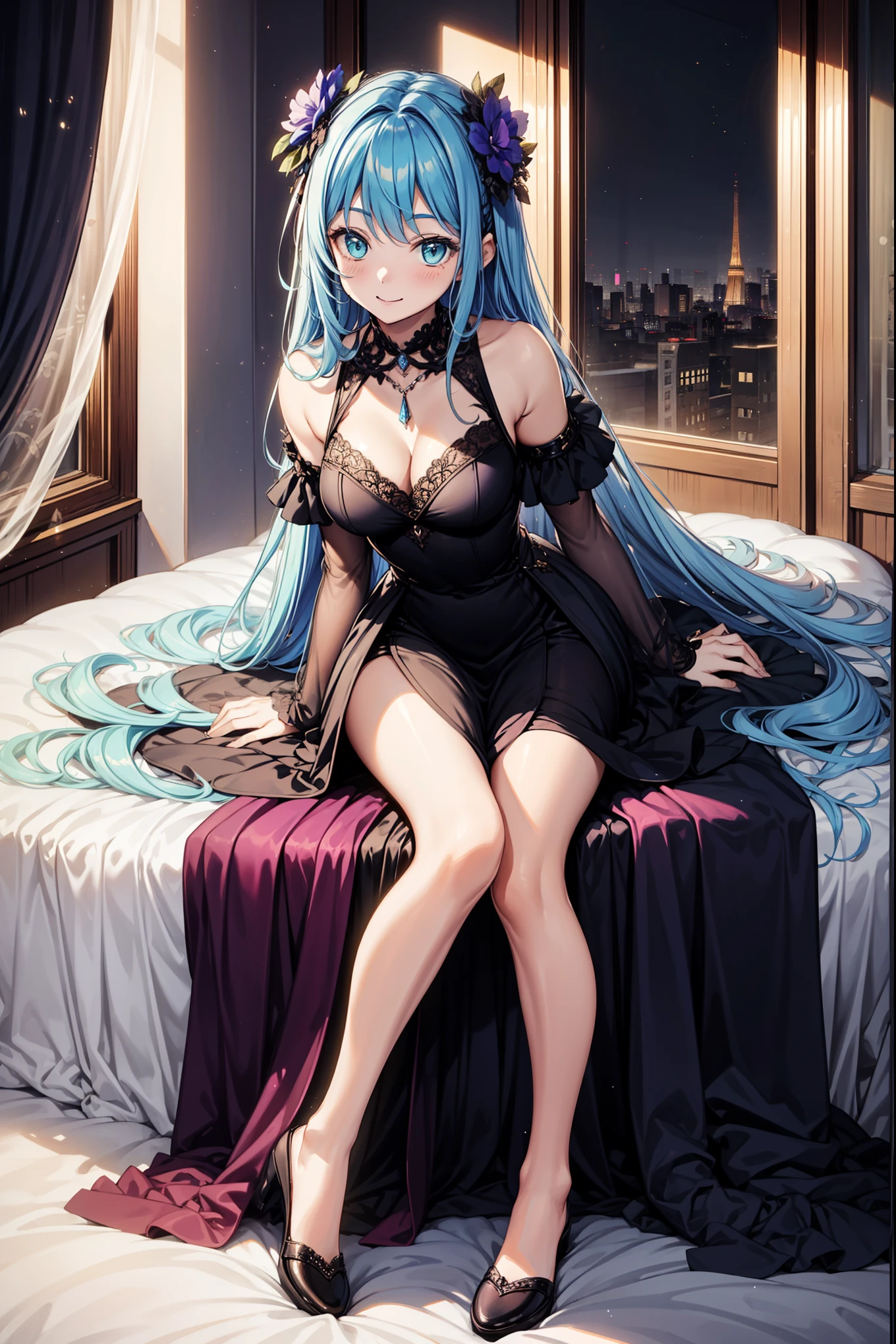 Teenage Girl,Obsessed,Having fun,in love,Deep black dress,Lilac cloth,Transparent Clothes,Beautifully dressed,bedroom,Alone,Light blue hair,Green eyes,night,super ultra detail,