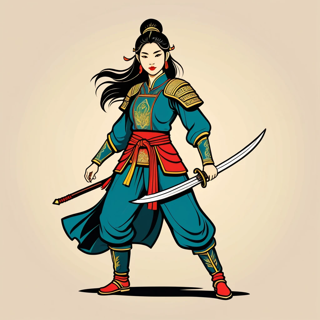 female warrior in vietnamese folk outfit ,vector graphics, strong contours, logo design
