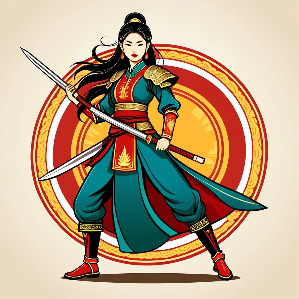female	warrior	in vietnamese folk outfit	,vector graphics, strong contours, logo design																						