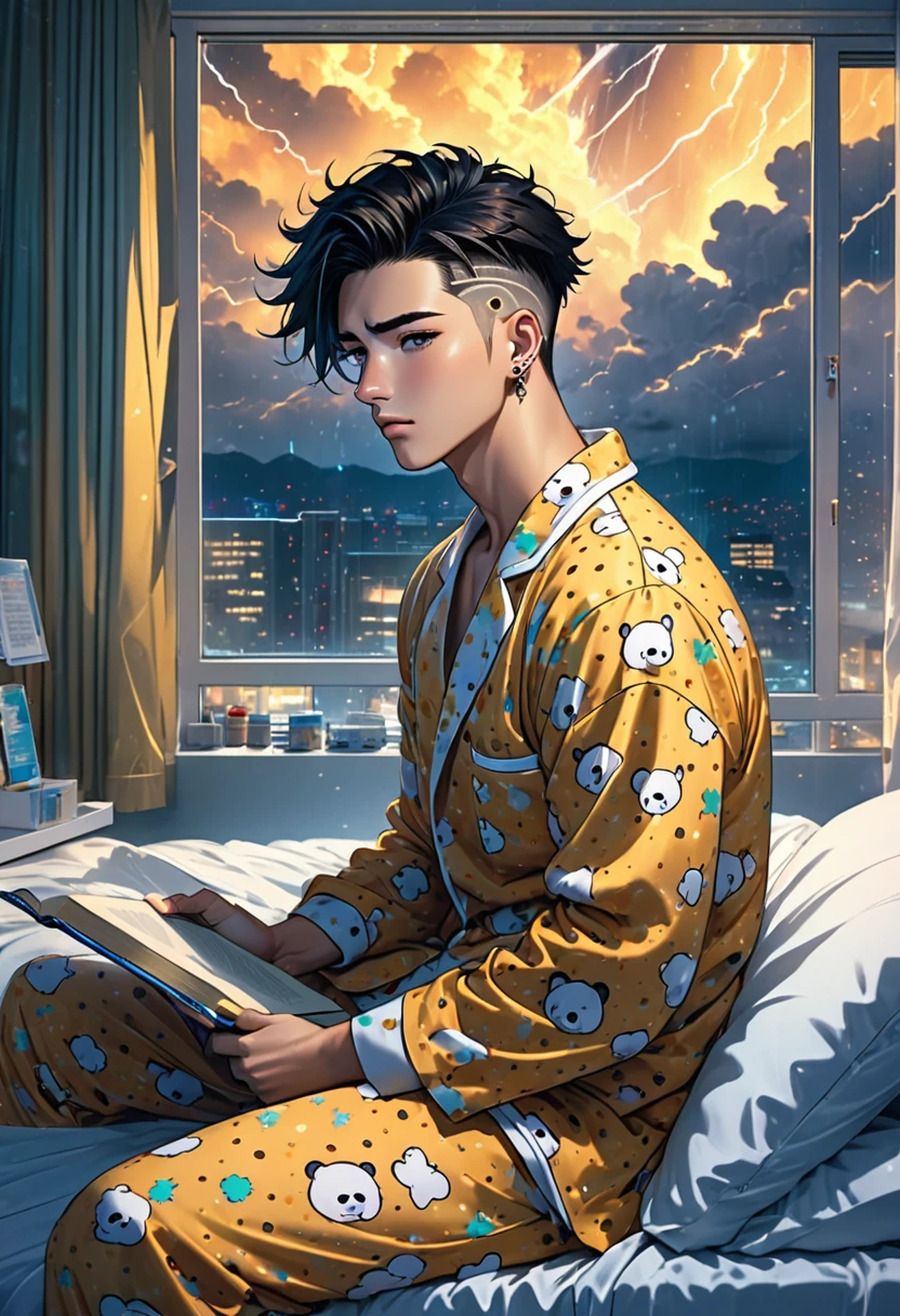 Handsome 25 year old anime male, falling a sleep atop his hospital bed/handsome male, face piercings, scars, short spiked black longish hair with a undercut, freckles, wearing honey bear print pajamas, luxurious futuristic expensive hospital room, a book sits to the side , night time, storm raging outside window